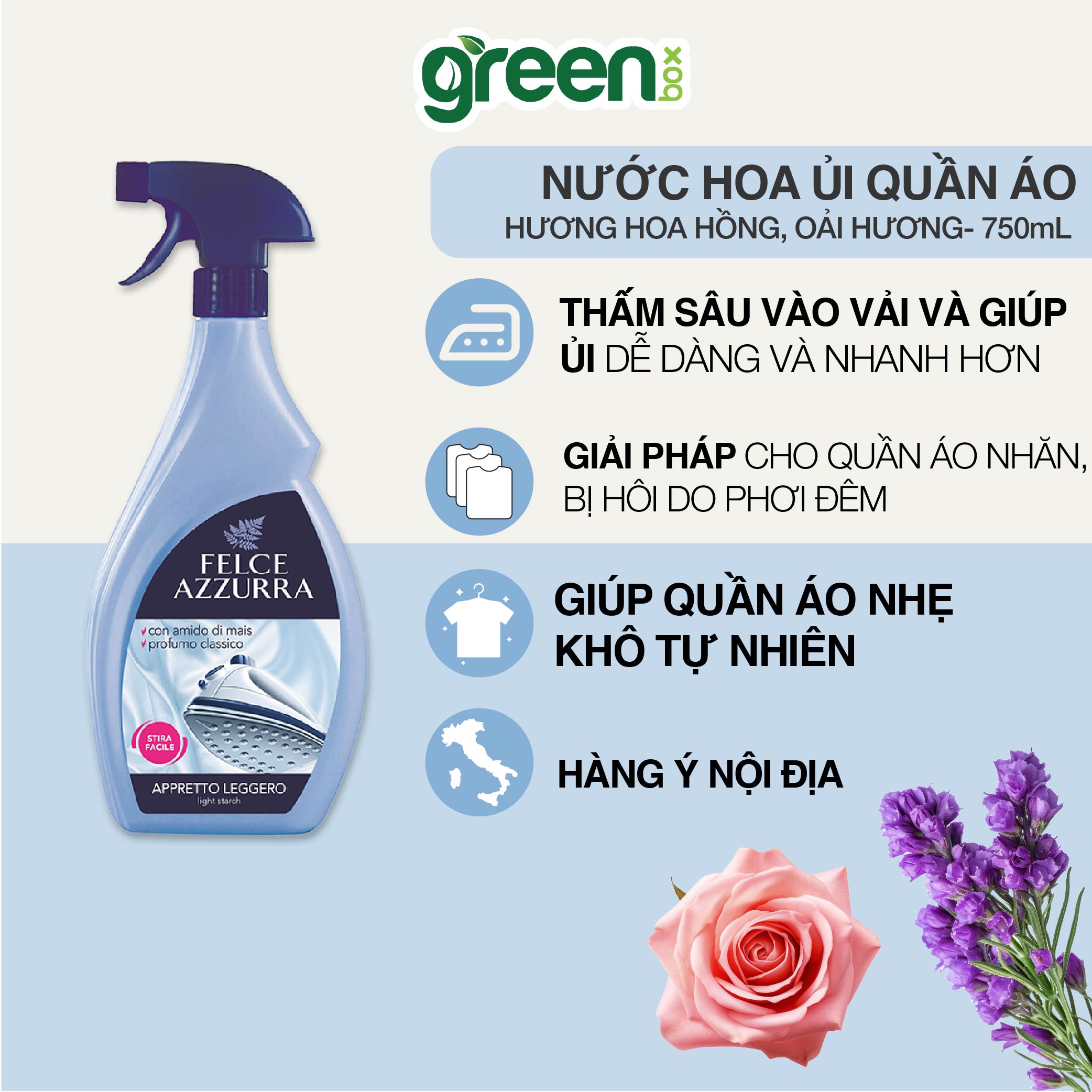 Xịt thơm ủi quần áo hương hoa hồng oải hương hoắc hương làm phẳng vết nhăn trên vải giữ dáng quần áo Felce Azzurra Ý, chai xịt 750ml