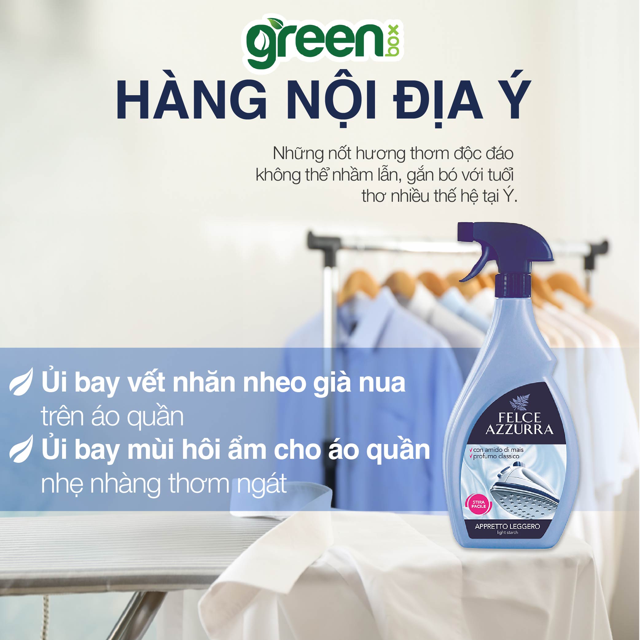 Xịt thơm ủi quần áo hương hoa hồng oải hương hoắc hương làm phẳng vết nhăn trên vải giữ dáng quần áo Felce Azzurra Ý, chai xịt 750ml