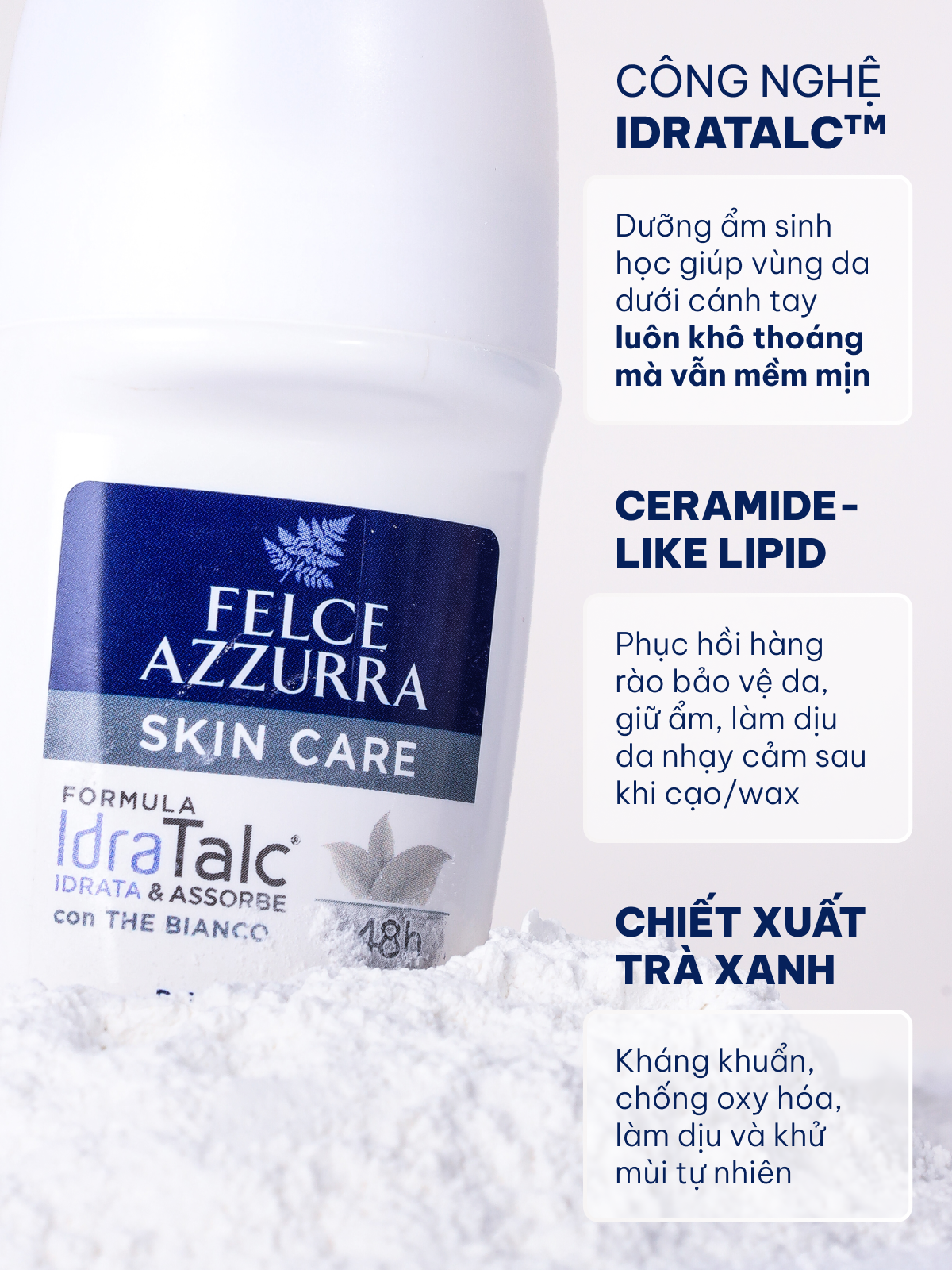 Lăn khử mùi dưỡng da giúp khô thoáng không chứa cồn hương nước hoa Felce Azzurra Ý, 50ml