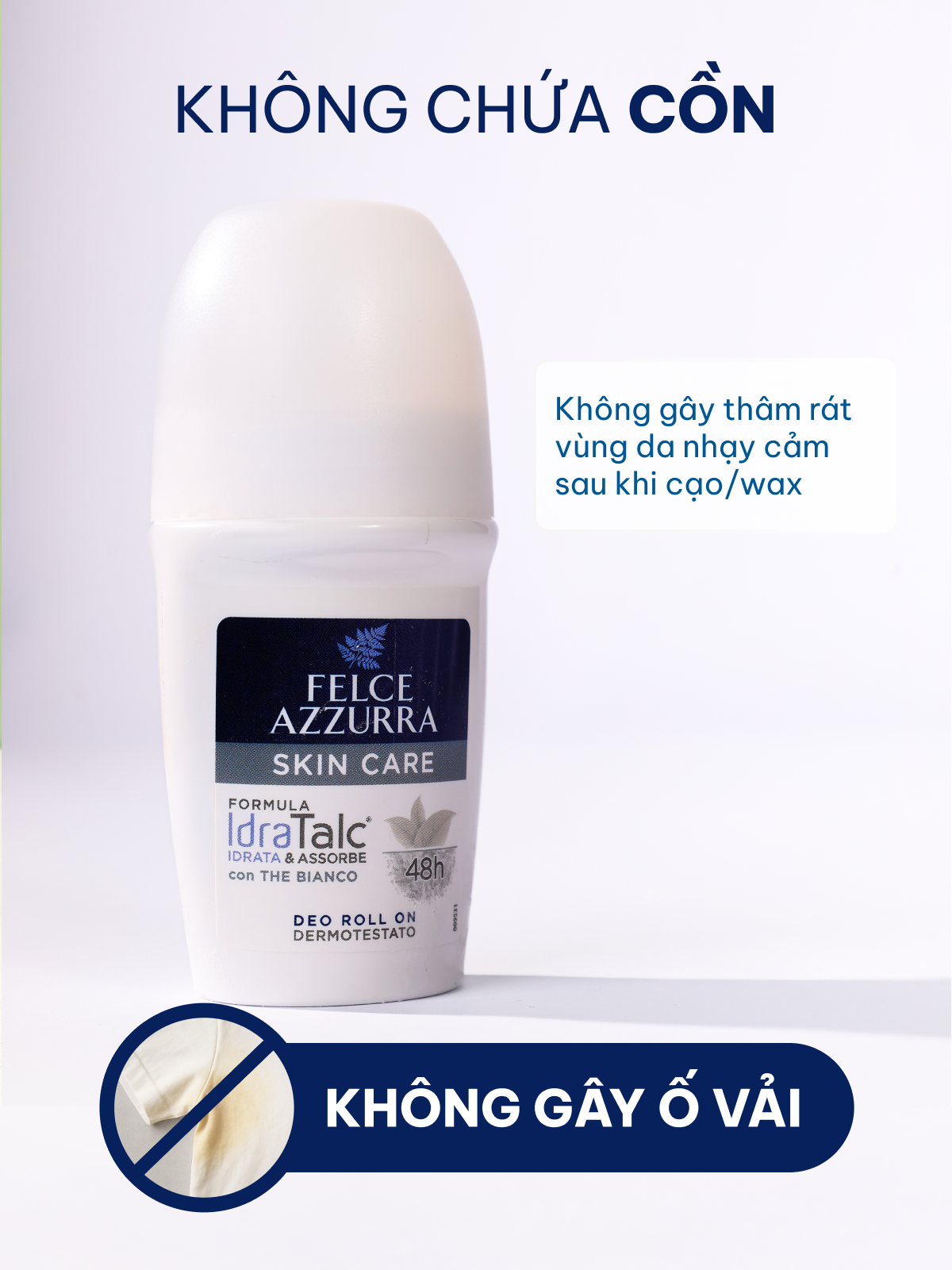 Lăn khử mùi dưỡng da giúp khô thoáng không chứa cồn hương nước hoa Felce Azzurra Ý, 50ml