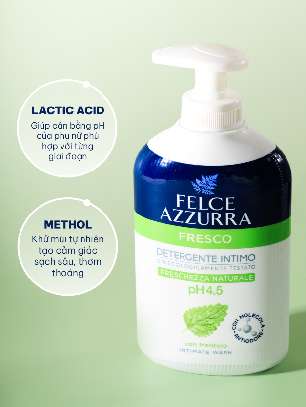 Dung dịch vệ sinh phụ nữ hàng ngày ngăn mùi hôi pH 4.5 hương bạc hà tươi mát Felce Azzurra Ý, chai 250ml