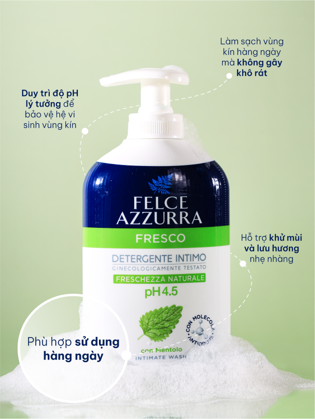 Dung dịch vệ sinh phụ nữ hàng ngày ngăn mùi hôi pH 4.5 hương bạc hà tươi mát Felce Azzurra Ý, chai 250ml