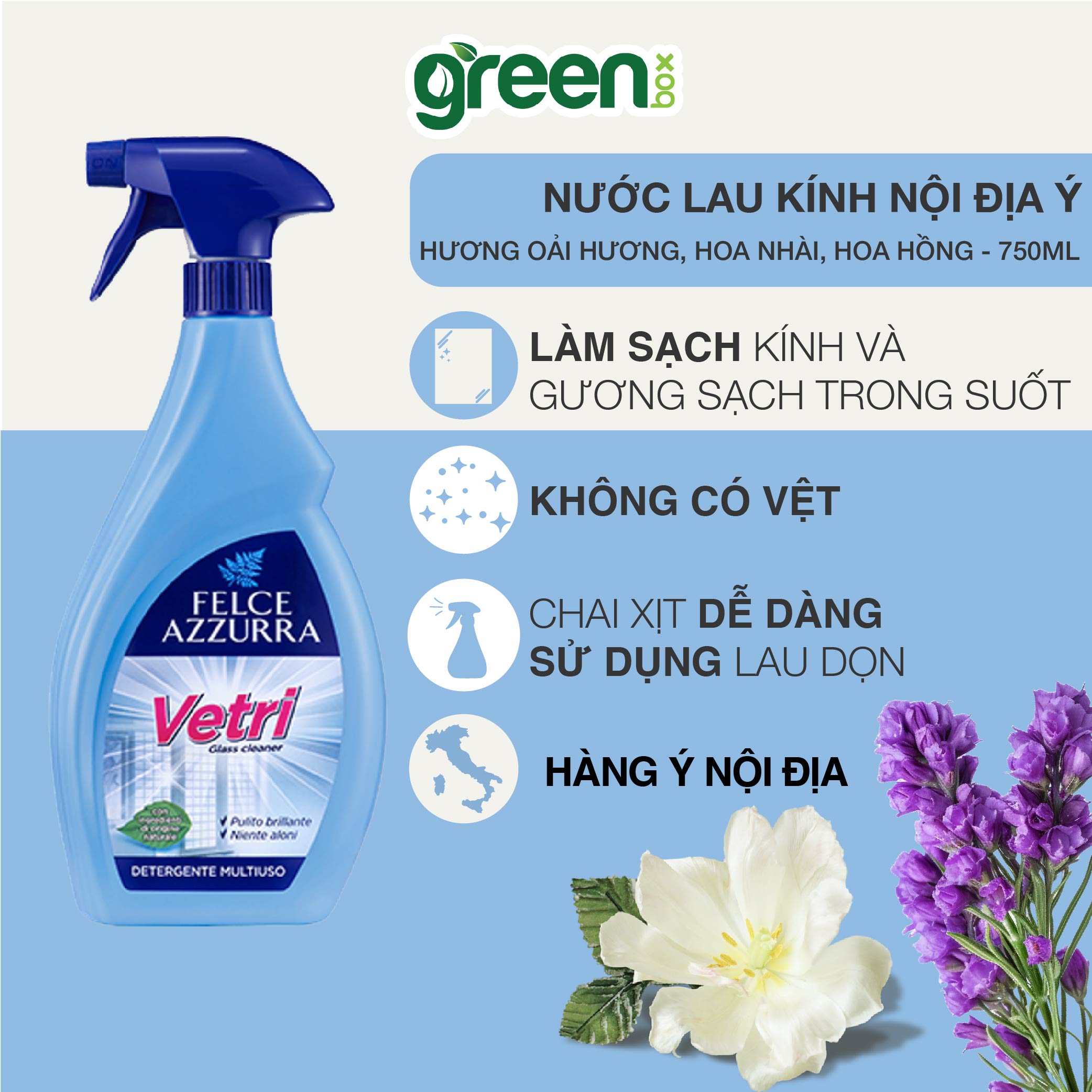 Nước lau kính nội địa Ý không để lại vệt loang làm sạch bóng gương kính cửa sổ thiết bị gia dụng mặt bàn đồ đạc crom thép không gỉ nhựa laminate Felce Azzurra, chai 750ml