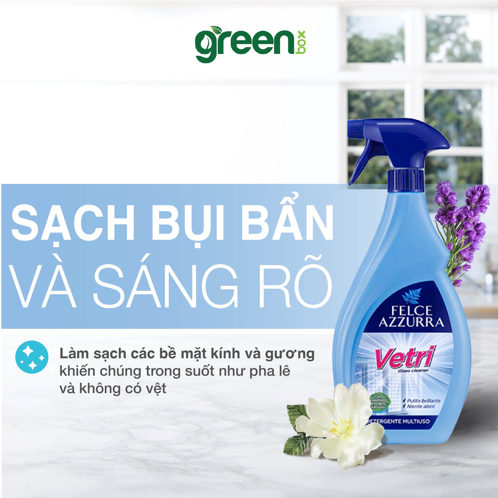 Nước lau kính nội địa Ý không để lại vệt loang làm sạch bóng gương kính cửa sổ thiết bị gia dụng mặt bàn đồ đạc crom thép không gỉ nhựa laminate Felce Azzurra, chai 750ml