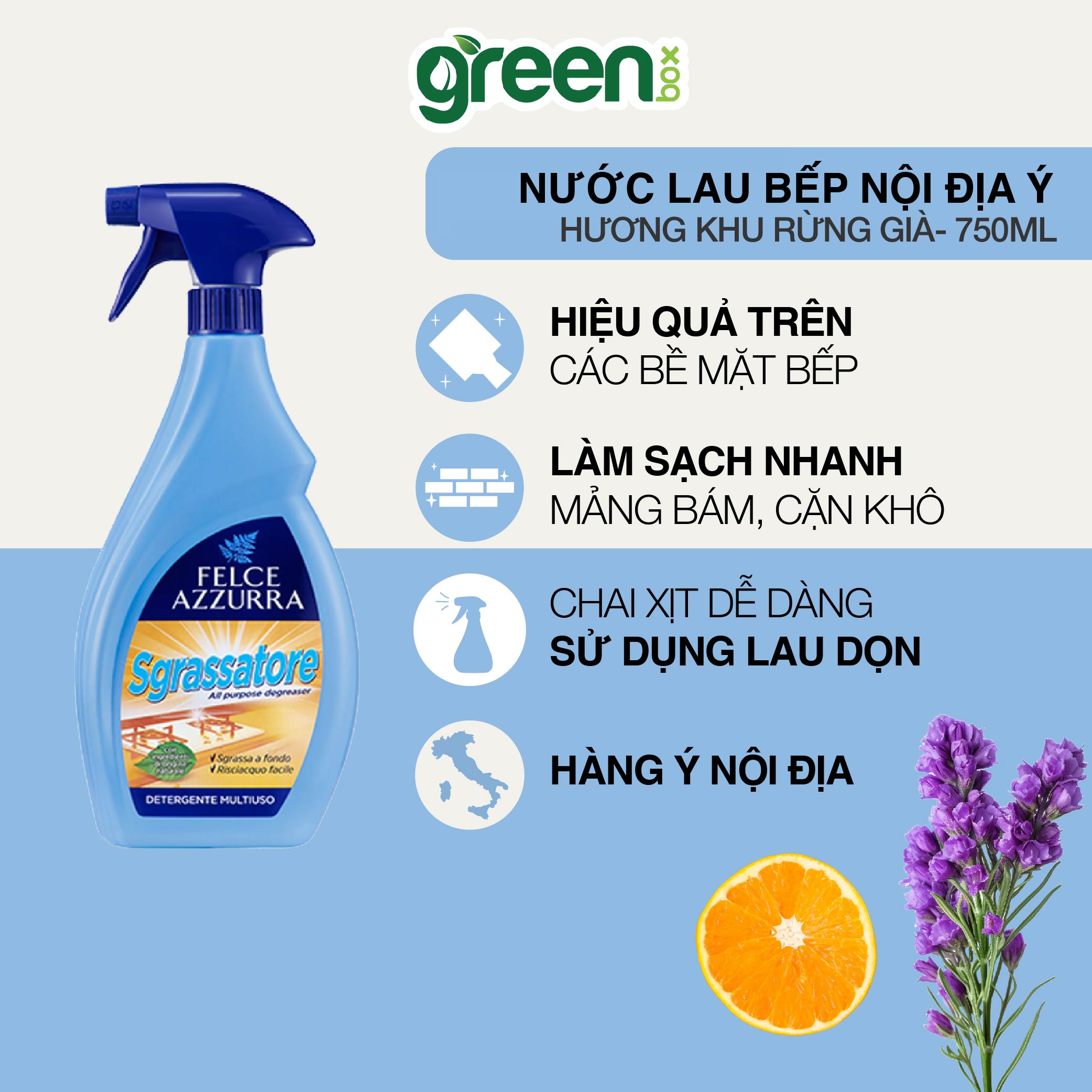 Nước lau bếp nội địa Ý thơm hoắc hương làm sạch dầu mỡ mảng bám vết bẩn cứng đầu trên bàn bếp bếp ga lò vi sóng tủ lạnh bồn rửa bề mặt mạ crom thép không gỉ vynil tường gạch lát Felce Azzurra, chai 750ml