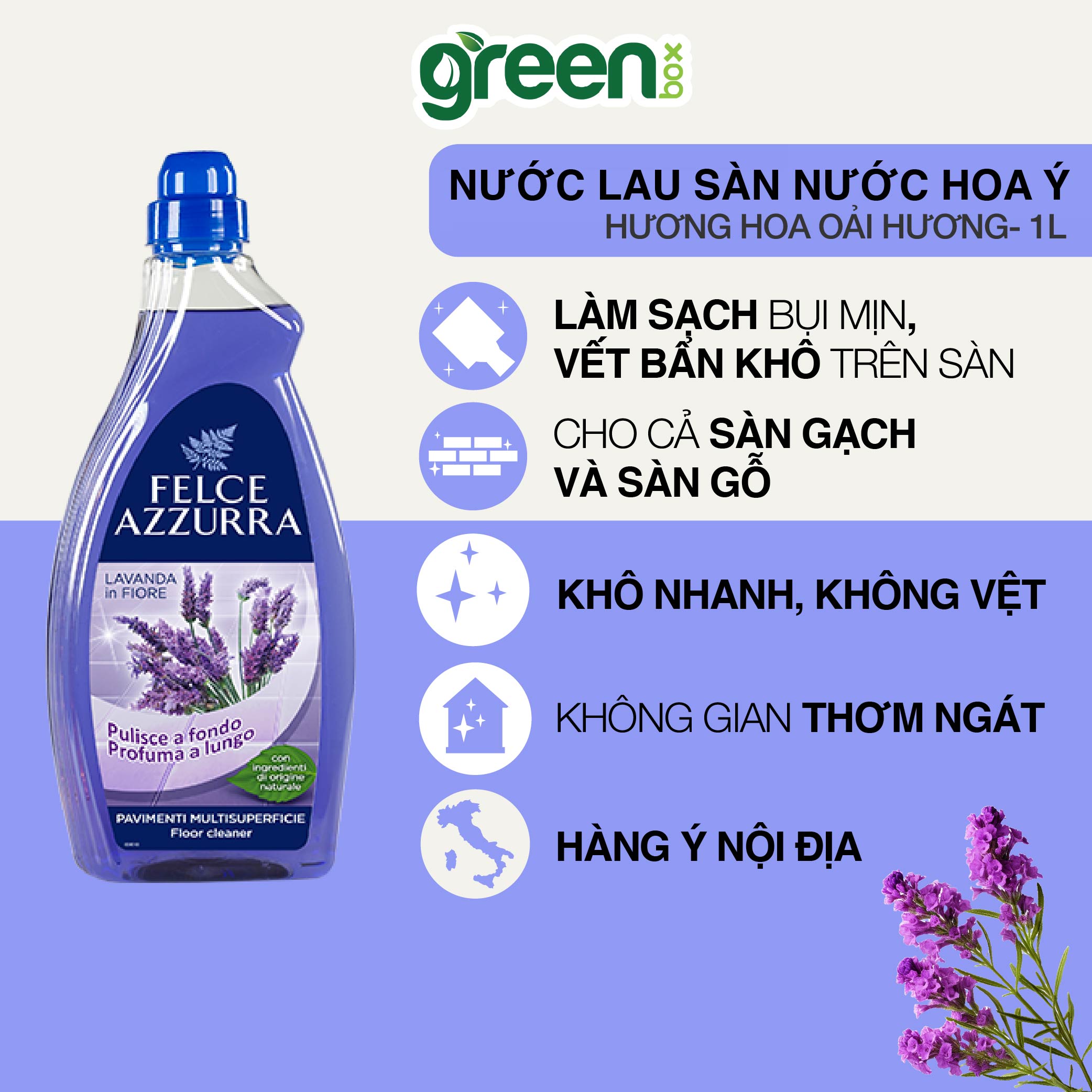 Nước lau sàn hương hoa oải hương tươi mát làm sạch vết bẩn bụi bẩn trên sàn nhà giúp sàn nhà sáng bóng Felce Azzurra Ý, chai 1000ml