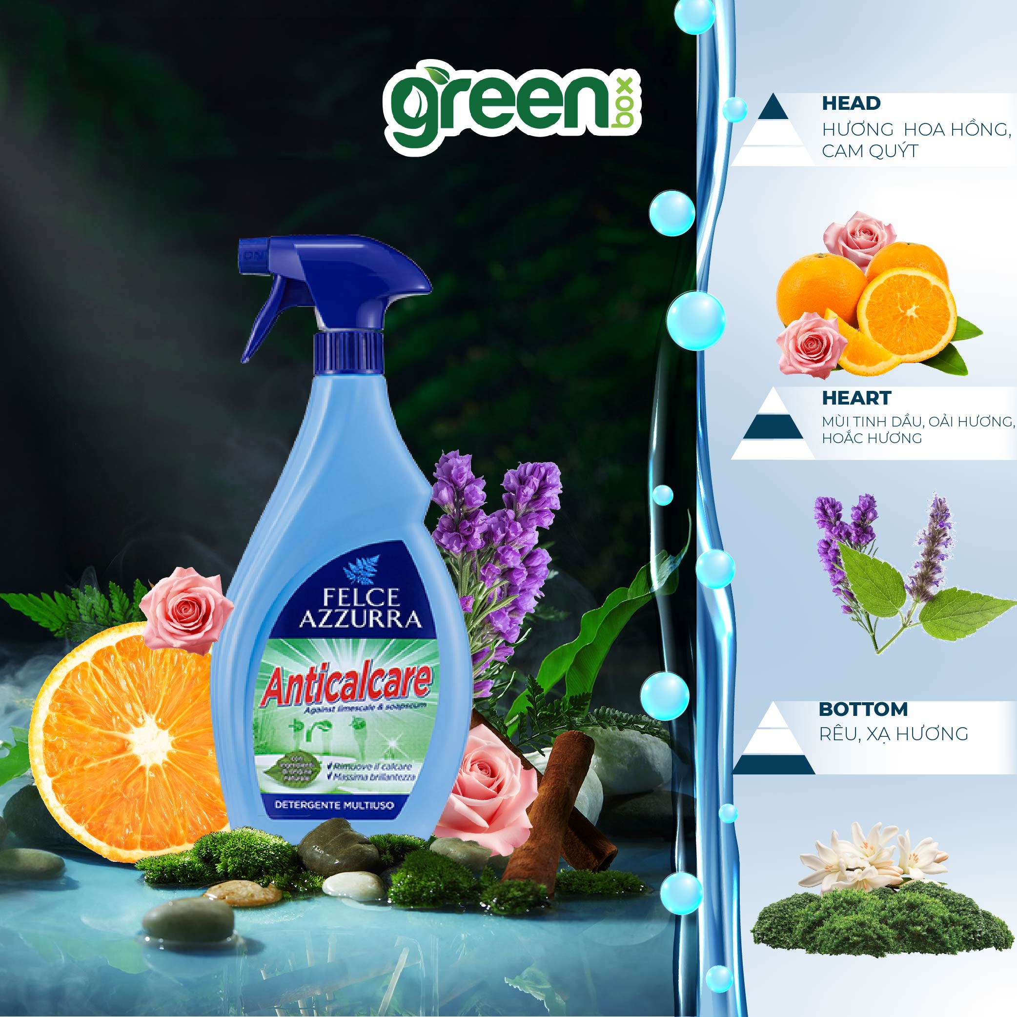 Nước tẩy rửa nhà tắm nội địa Ý lau sạch bồn rửa tay vách ngăn tường nhà tắm bồn tắm vòi rửa gạch men thép không gỉ Felce Azzurra, chai 750ml