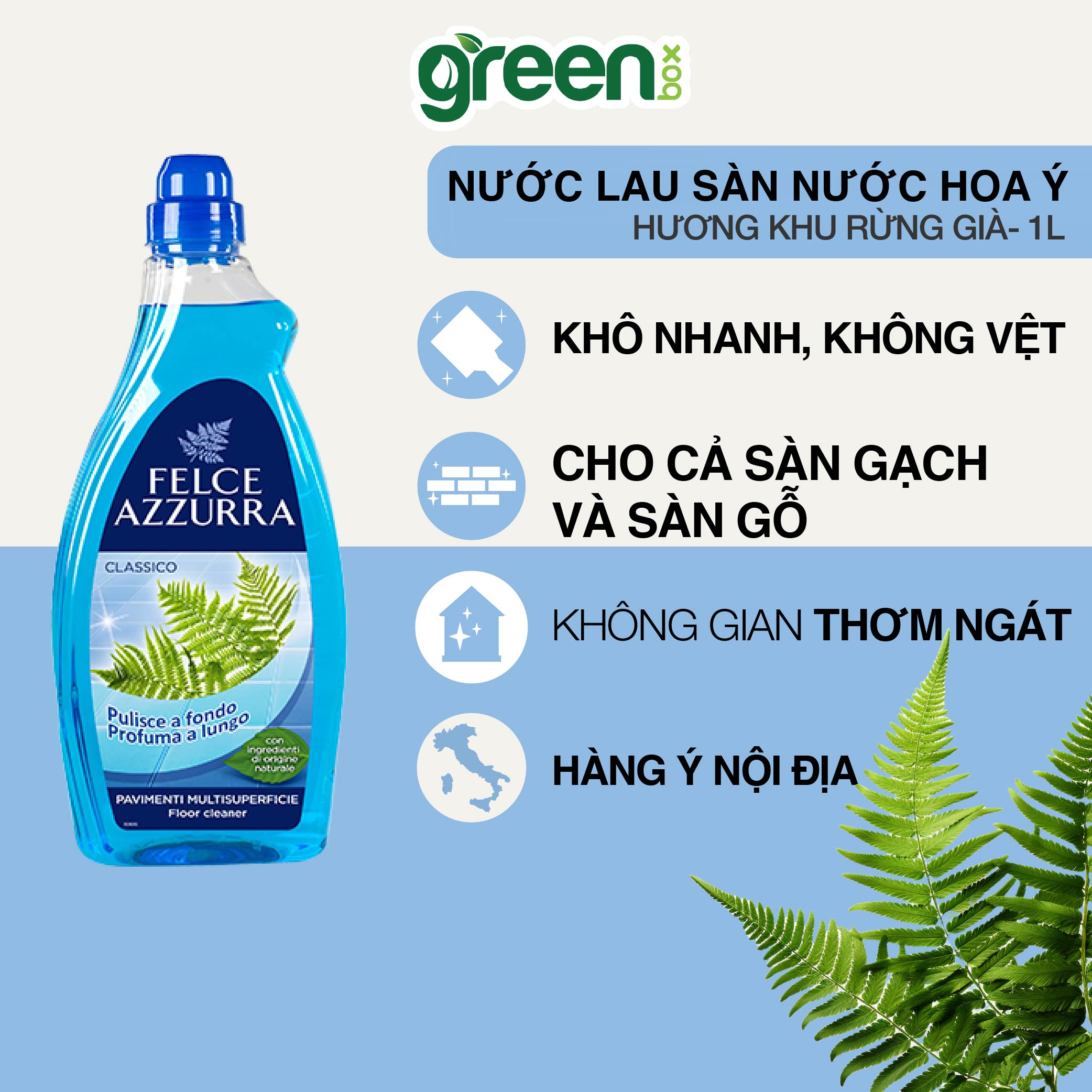 Nước lau sàn hương cổ điển làm sạch vết bẩn bụi bẩn trên sàn nhà giúp sàn nhà sáng bóng Felce Azzurra Ý, chai 1000ml
