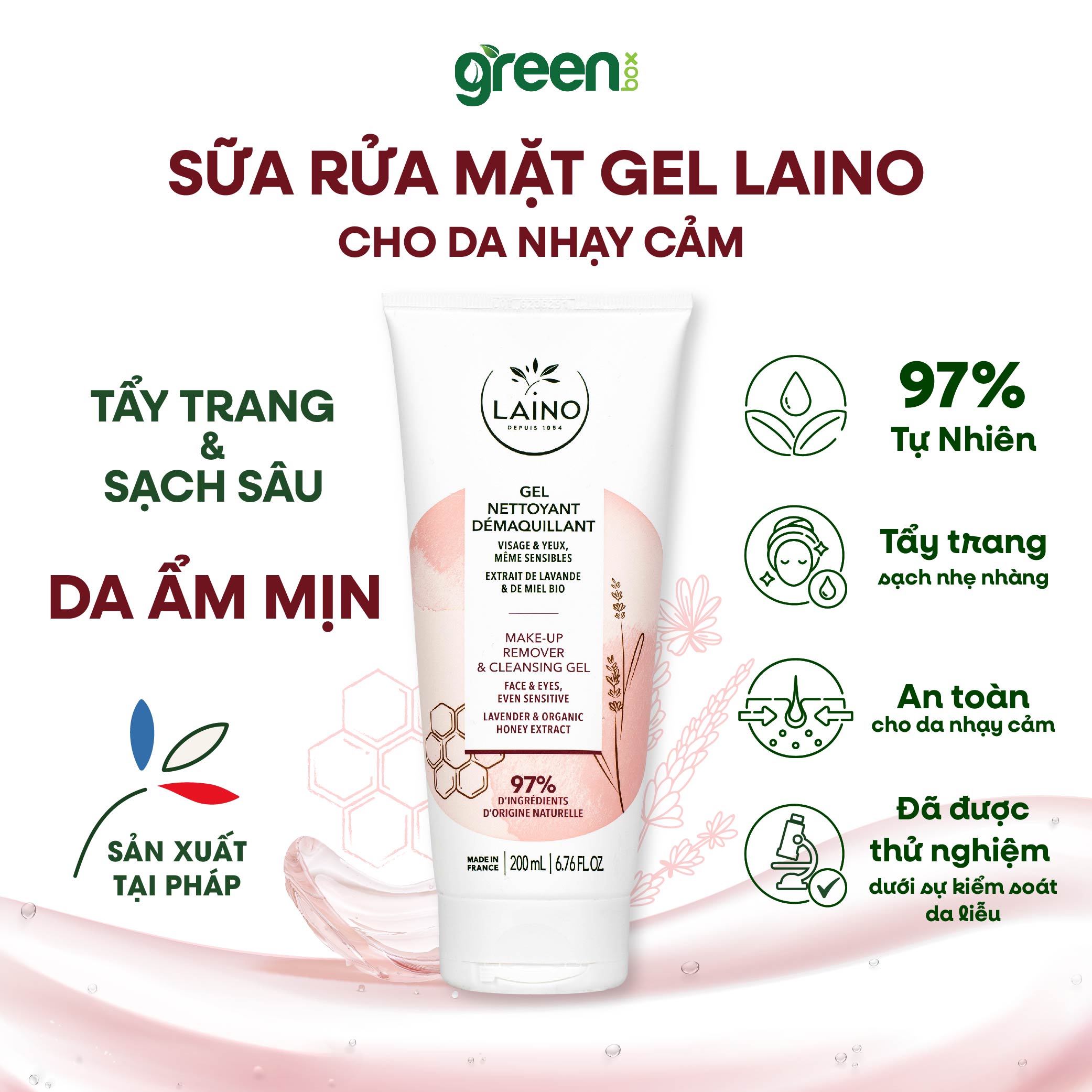 Gel rửa mặt tẩy trang tạo bọt dịu nhẹ dành cho da nhạy cảm LAINO Pháp chiết xuất oải hương mật ong thành phần tự nhiên không paraben, tuýp 200ml