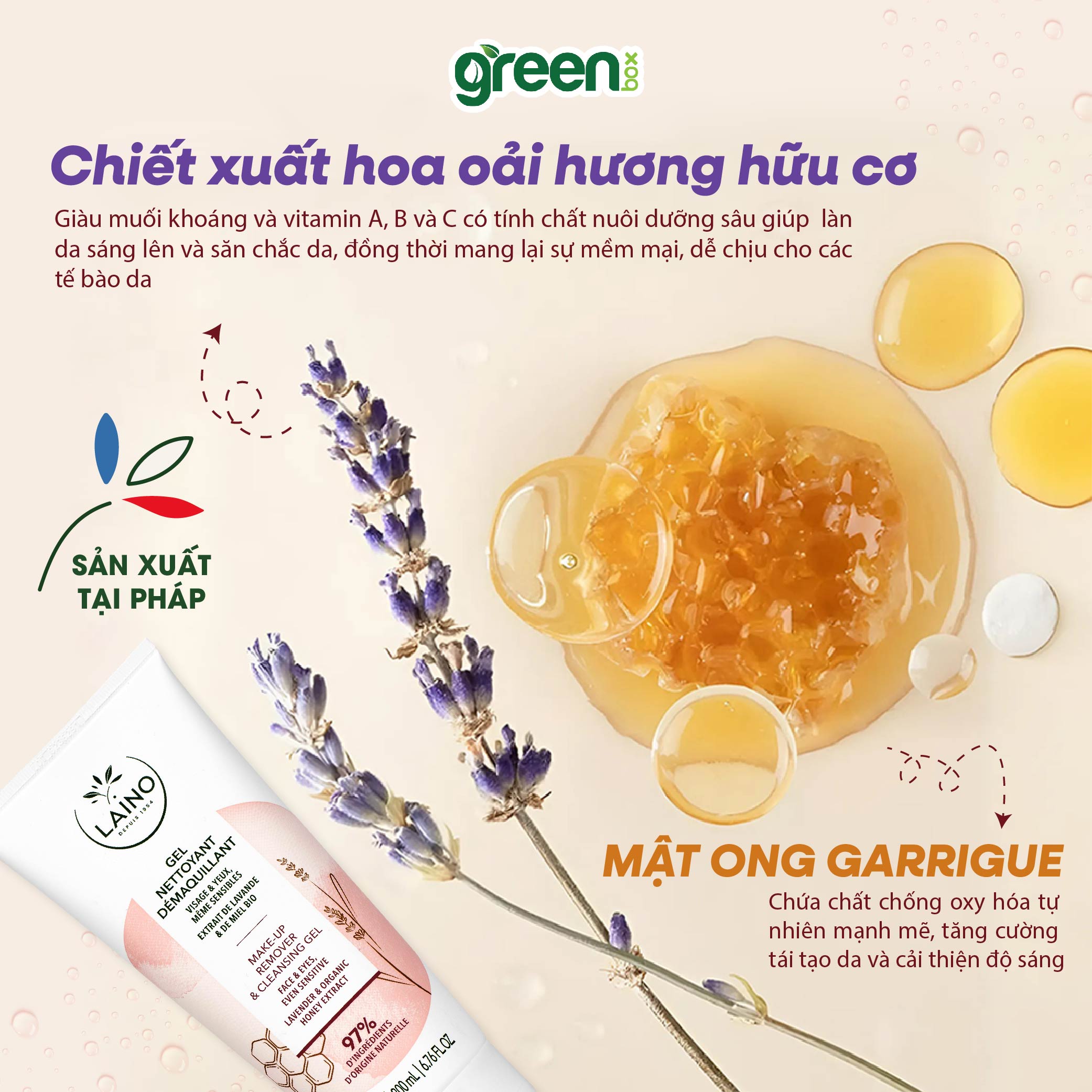 Gel rửa mặt tẩy trang tạo bọt dịu nhẹ dành cho da nhạy cảm LAINO Pháp chiết xuất oải hương mật ong thành phần tự nhiên không paraben, tuýp 200ml