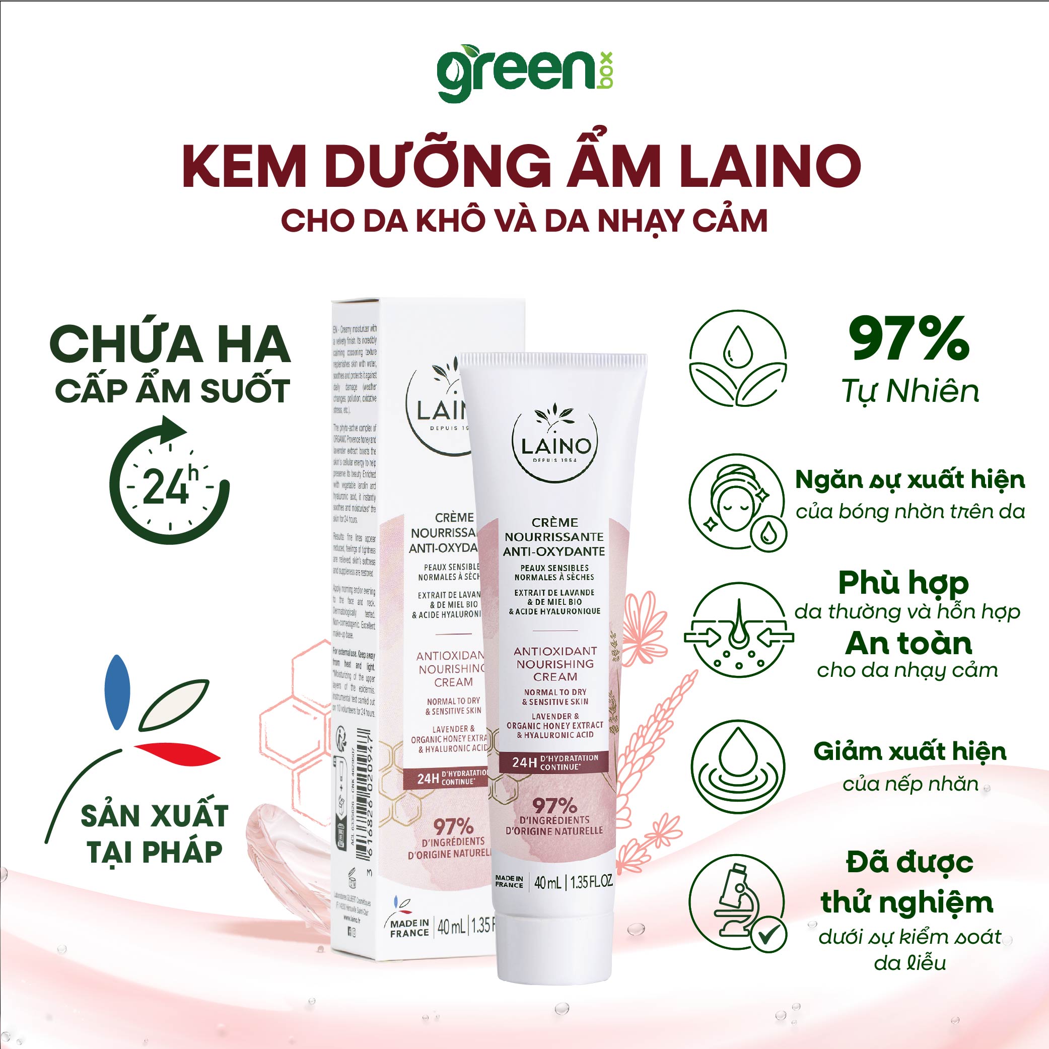 Kem dưỡng ẩm LAINO Pháp ngăn ngừa lão hóa cấp ẩm 24h cho da nhạy cảm 97% tự nhiên chứa HA và chiết xuất oải hương mật ong, hộp/tuýp 40ml