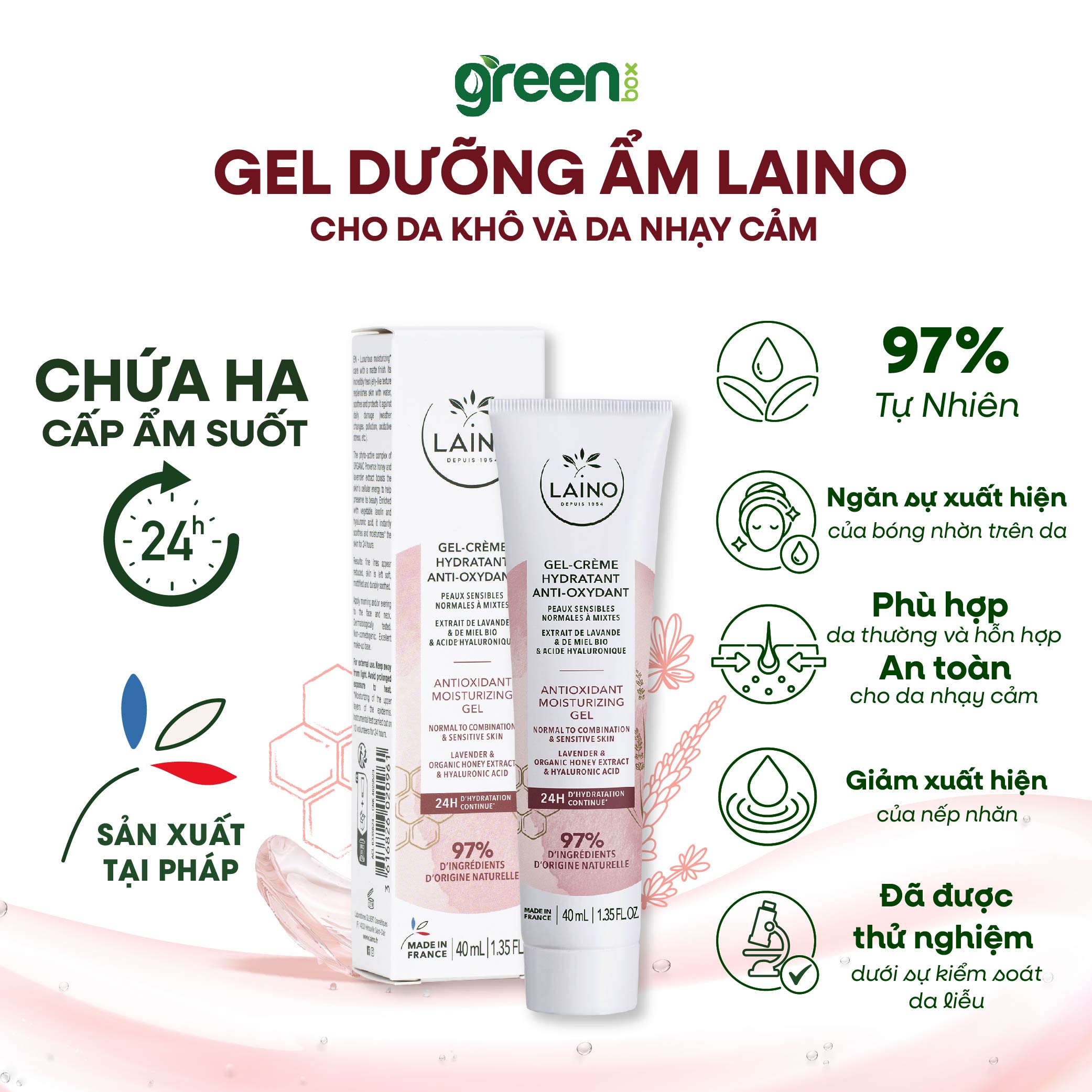 Gel dưỡng ẩm LAINO Pháp ngăn ngừa lão hóa cấp ẩm 24h cho da nhạy cảm 97% tự nhiên chứa HA và chiết xuất oải hương mật ong, hộp/tuýp 40ml