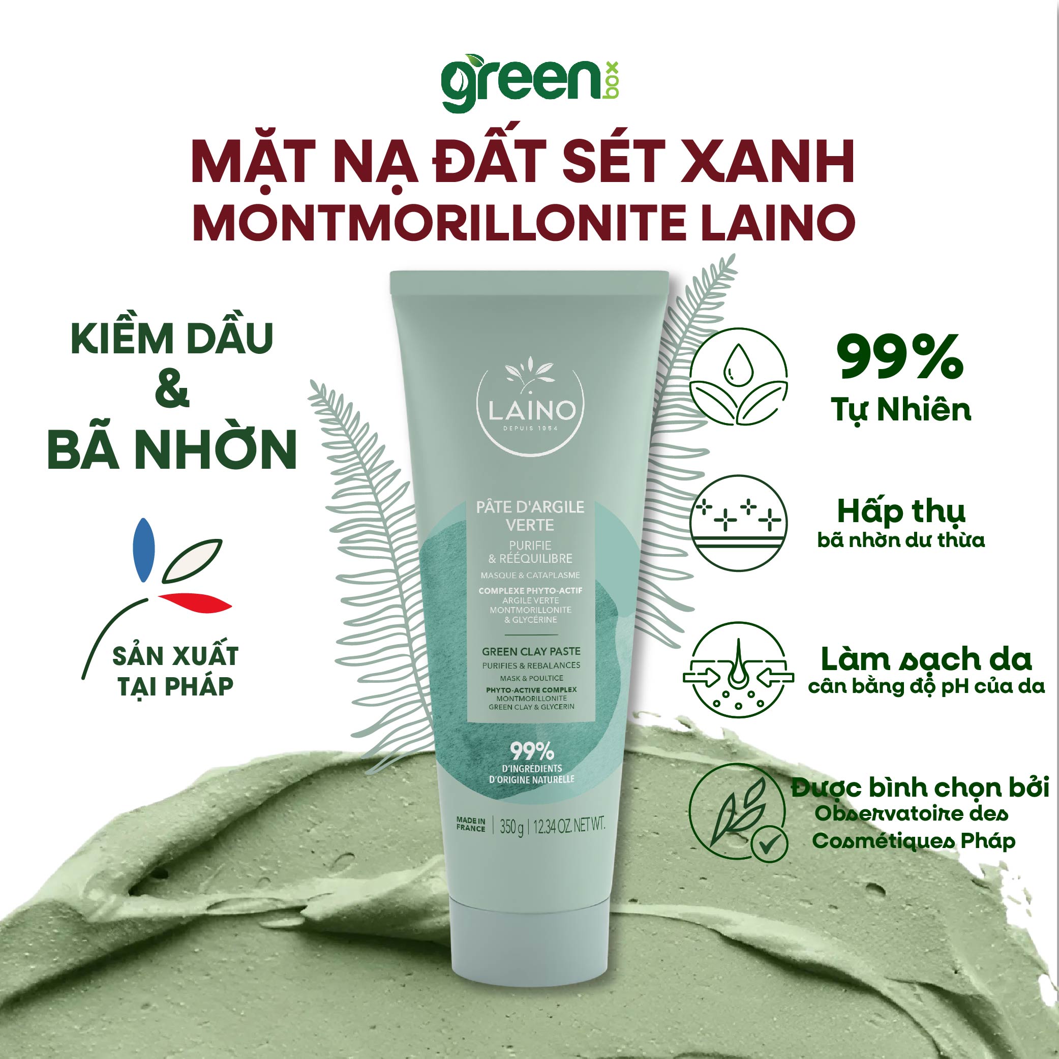 Mặt nạ đất sét xanh LAINO Pháp kiềm dầu bã nhờn thanh lọc cân bằng làn da dành cho da dầu da mụn 99% đất sét xanh Montmorillonite, tuýp 350gr