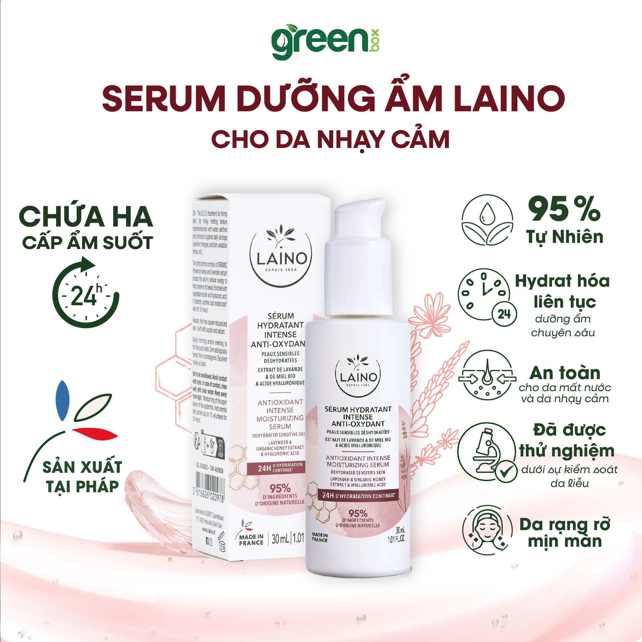 Serum dưỡng ẩm chuyên sâu Laino Pháp ngăn ngừa lão hóa cấp ẩm 24h cho da nhạy cảm 95% tự nhiên chứa HA và chiết xuất oải hương mật ong, hộp/chai 30ml