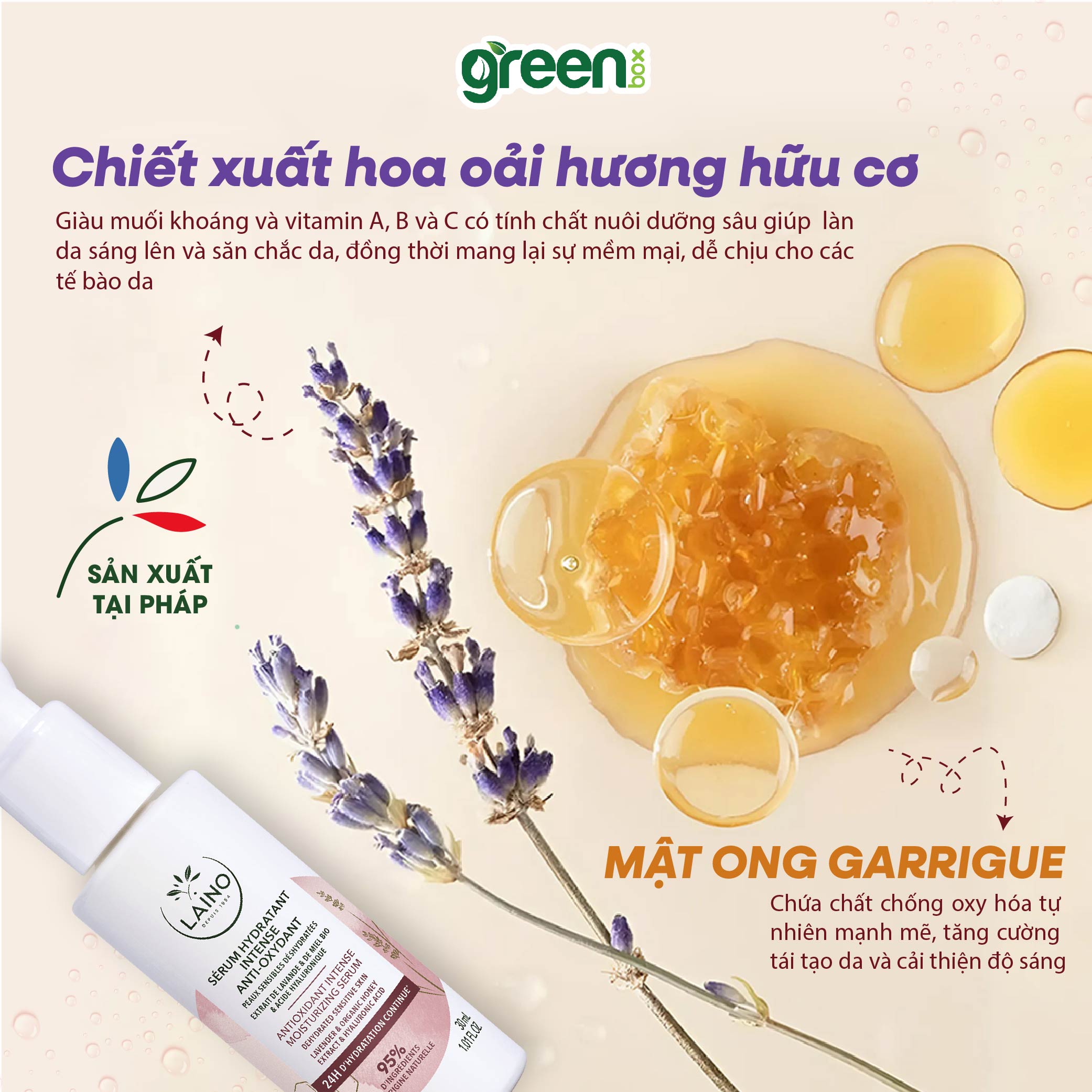 Serum dưỡng ẩm chuyên sâu Laino Pháp ngăn ngừa lão hóa cấp ẩm 24h cho da nhạy cảm 95% tự nhiên chứa HA và chiết xuất oải hương mật ong, hộp/chai 30ml