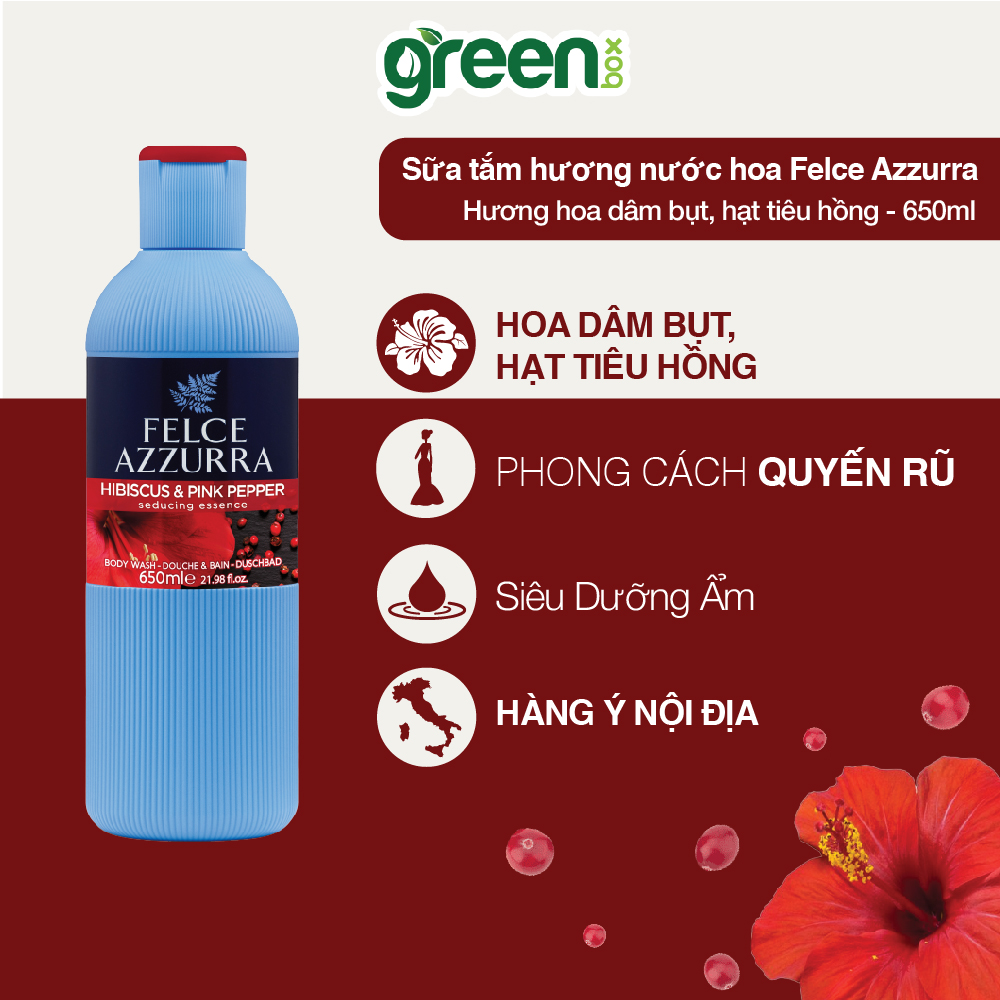 Sữa tắm hương nước hoa Ý Felce Azzurra làm sạch dưỡng da mềm mịn với hương hoa dâm bụt & hạt tiêu hồng đầy bí ẩn và quyến rũ, chai 650ml