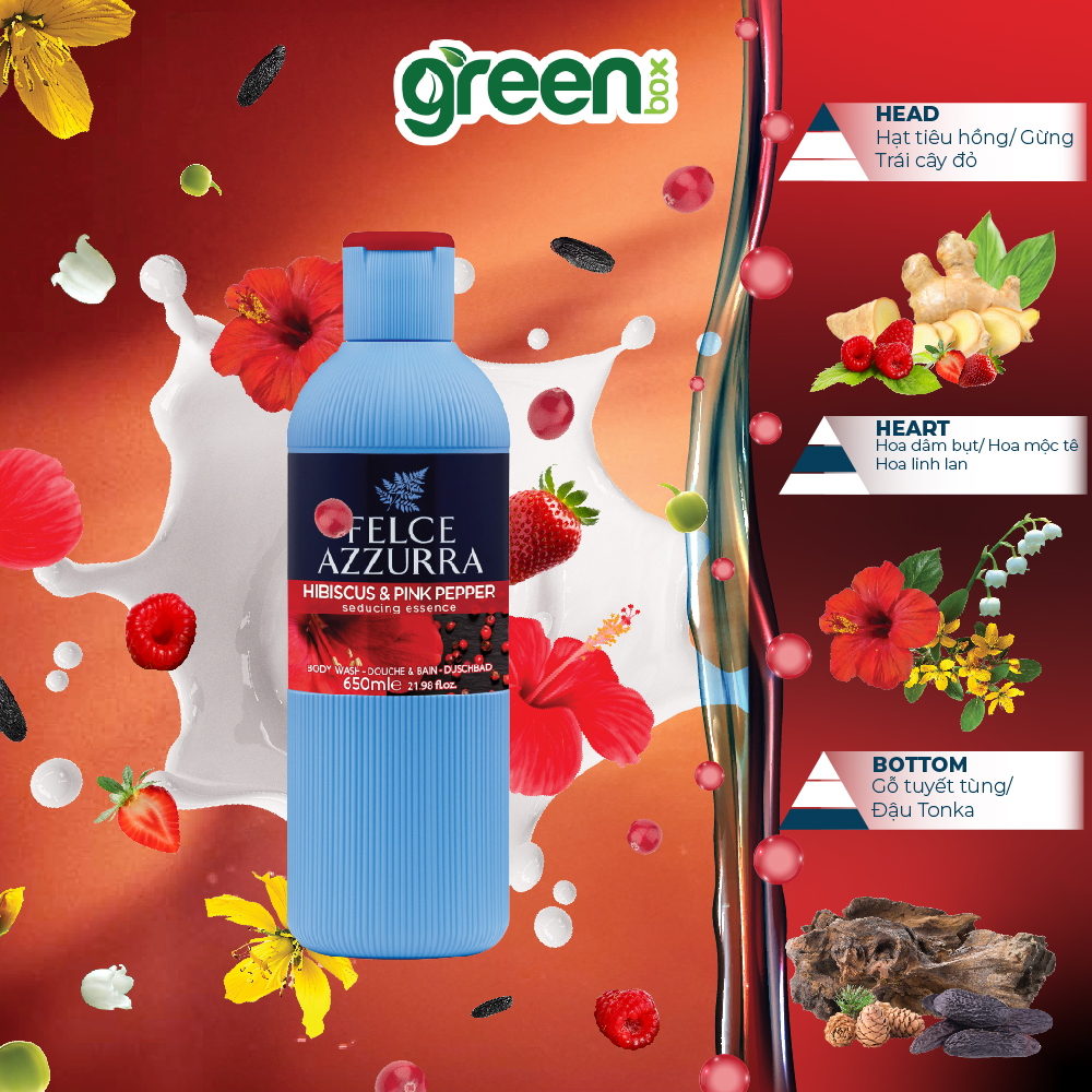 Sữa tắm hương nước hoa Ý Felce Azzurra làm sạch dưỡng da mềm mịn với hương hoa dâm bụt & hạt tiêu hồng đầy bí ẩn và quyến rũ, chai 650ml