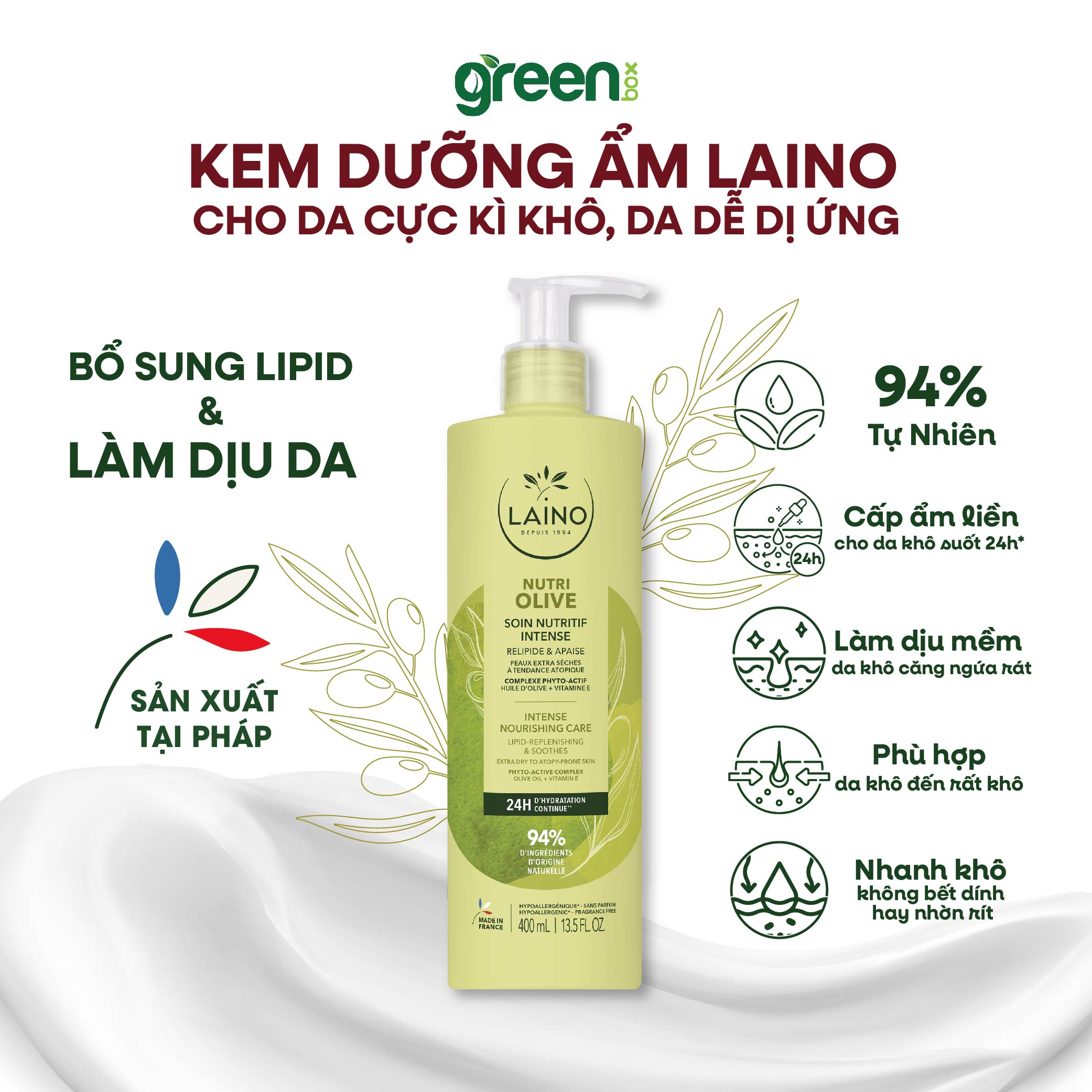 Kem dưỡng thể LAINO Pháp làm dịu da và cấp ẩm chuyên sâu 24h cho da khô mẩn ngứa 99% tự nhiên với olive Glycerin vitaminE, chai 400ml