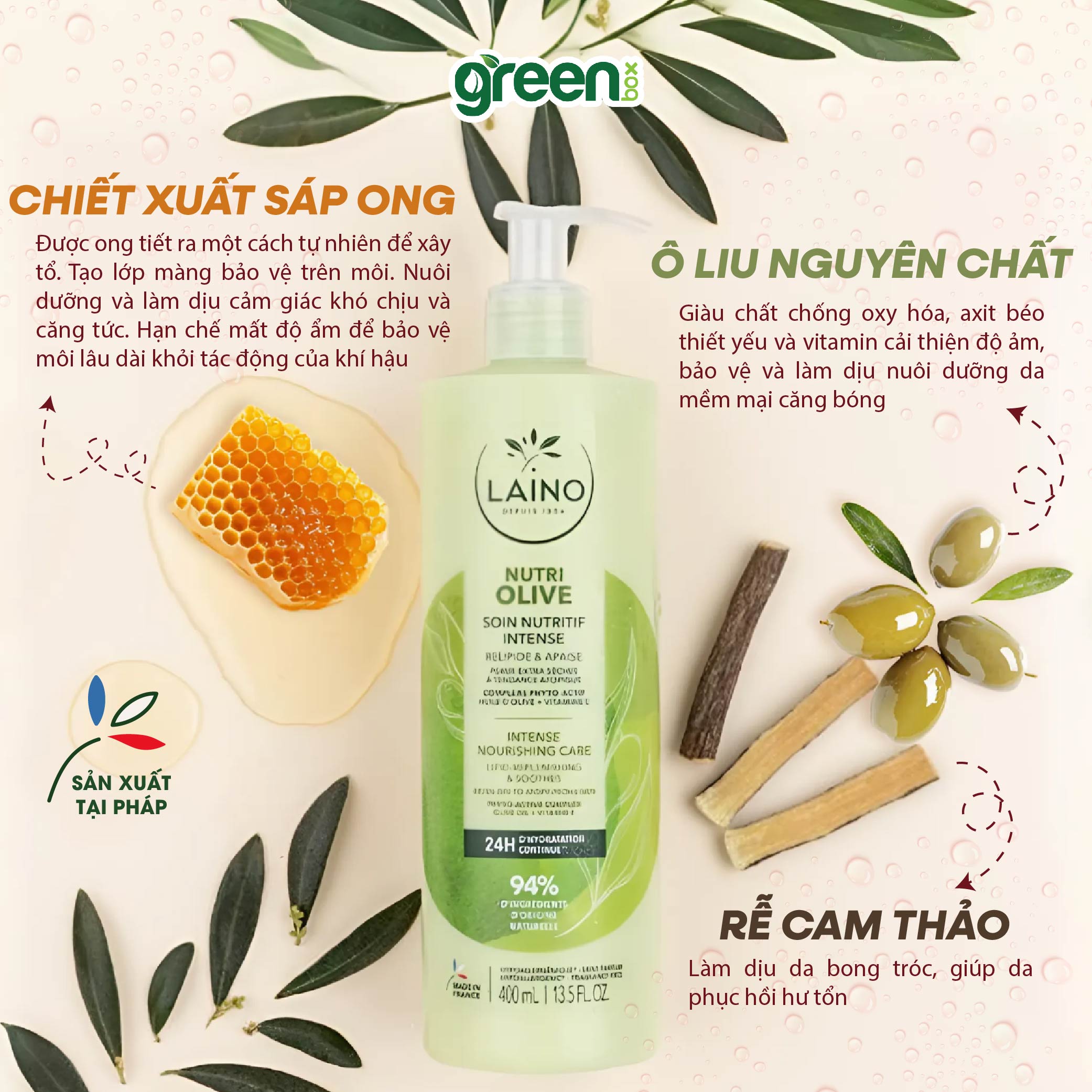 Kem dưỡng thể LAINO Pháp làm dịu da và cấp ẩm chuyên sâu 24h cho da khô mẩn ngứa 99% tự nhiên với olive Glycerin vitaminE, chai 400ml