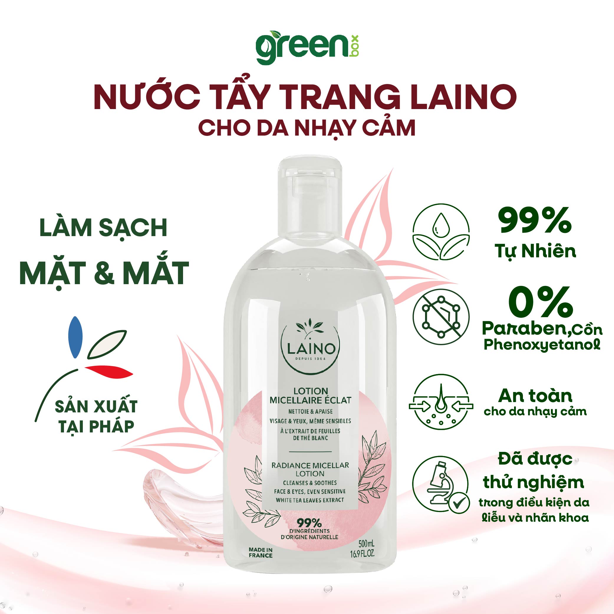 Nước tẩy trang không cồn Laino micellar lotion chiết xuất trà trắng lô hội prebiotic tự nhiên Laino Pháp, chai 500ml