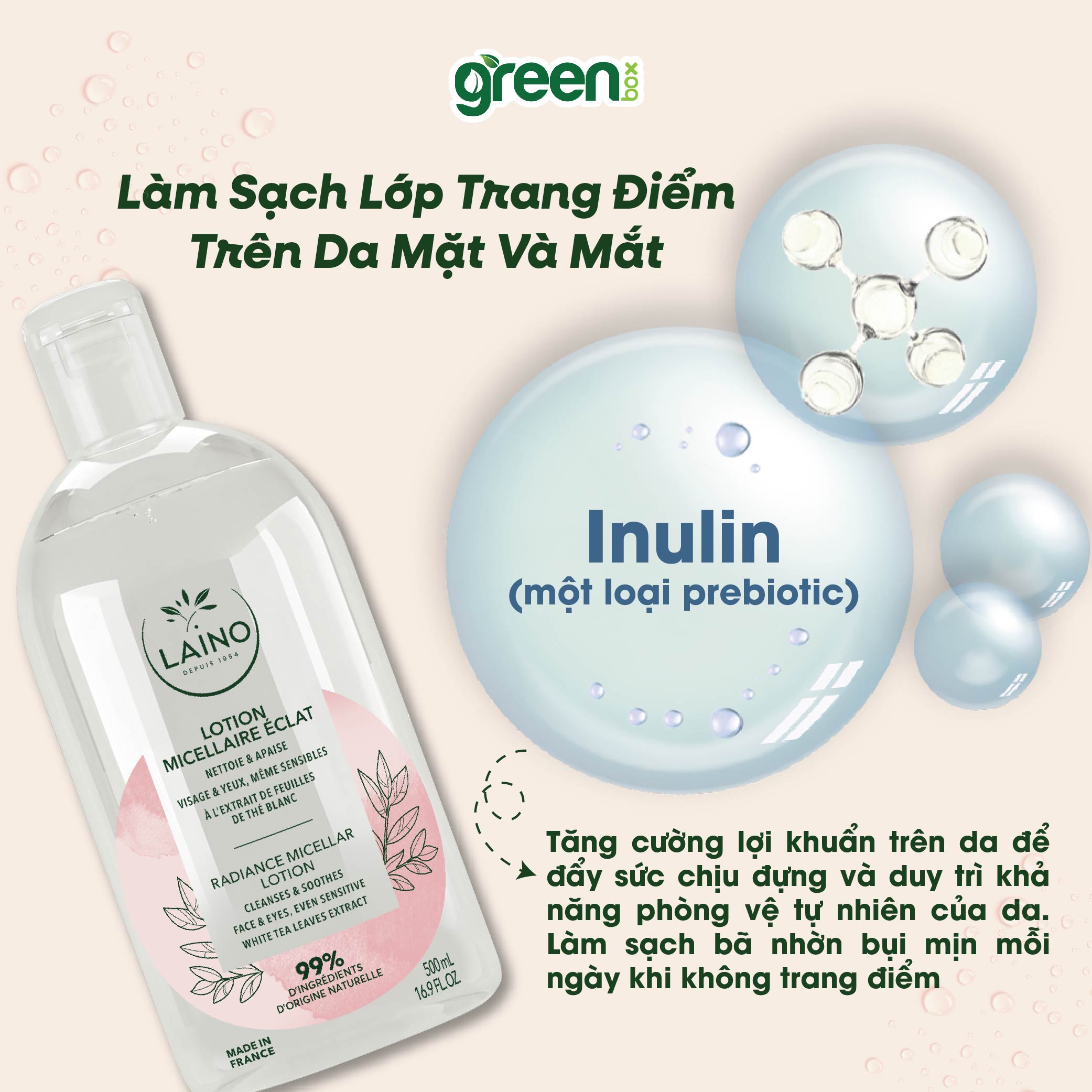 Nước tẩy trang không cồn Laino micellar lotion chiết xuất trà trắng lô hội prebiotic tự nhiên Laino Pháp, chai 500ml