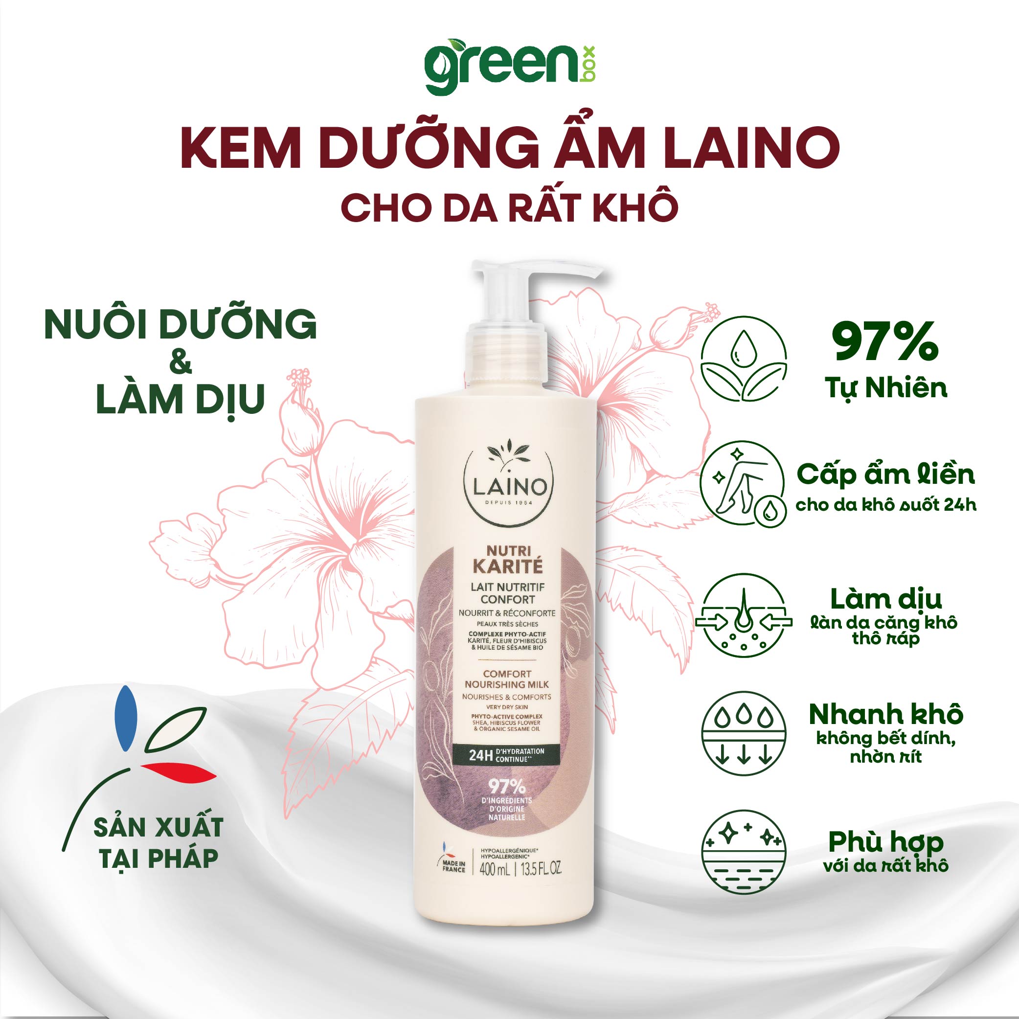 Sữa dưỡng thể LAINO Pháp làm dịu căng tức cấp ẩm 24h dành cho da rất khô da nhạy cảm 98% tự nhiên với bơ hạt mỡ, Glycerin và dầu mè, chai 400ml
