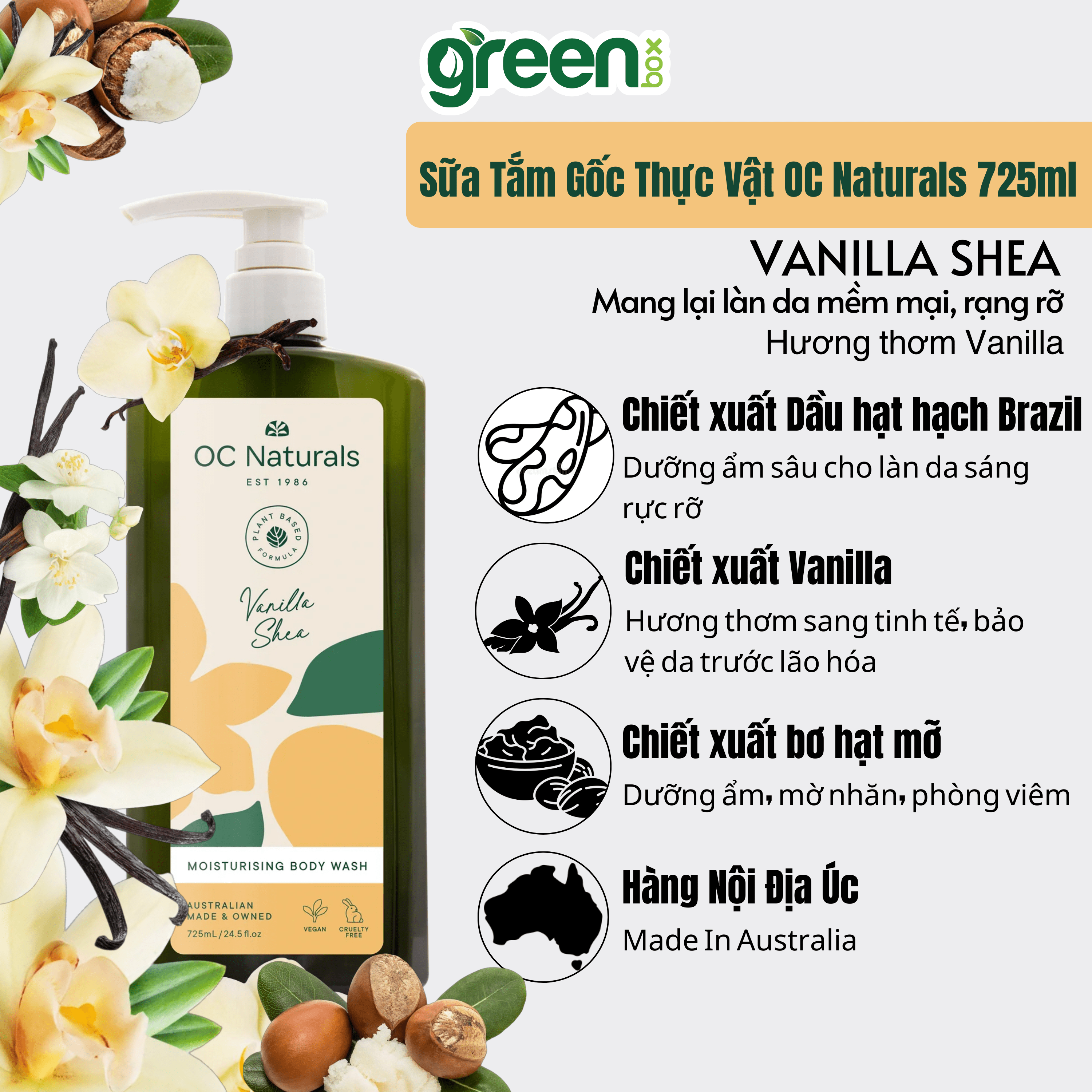 Sữa tắm dưỡng ẩm da với chiết xuất Vanilla và Bơ hạt mỡ OC Naturals 725ml