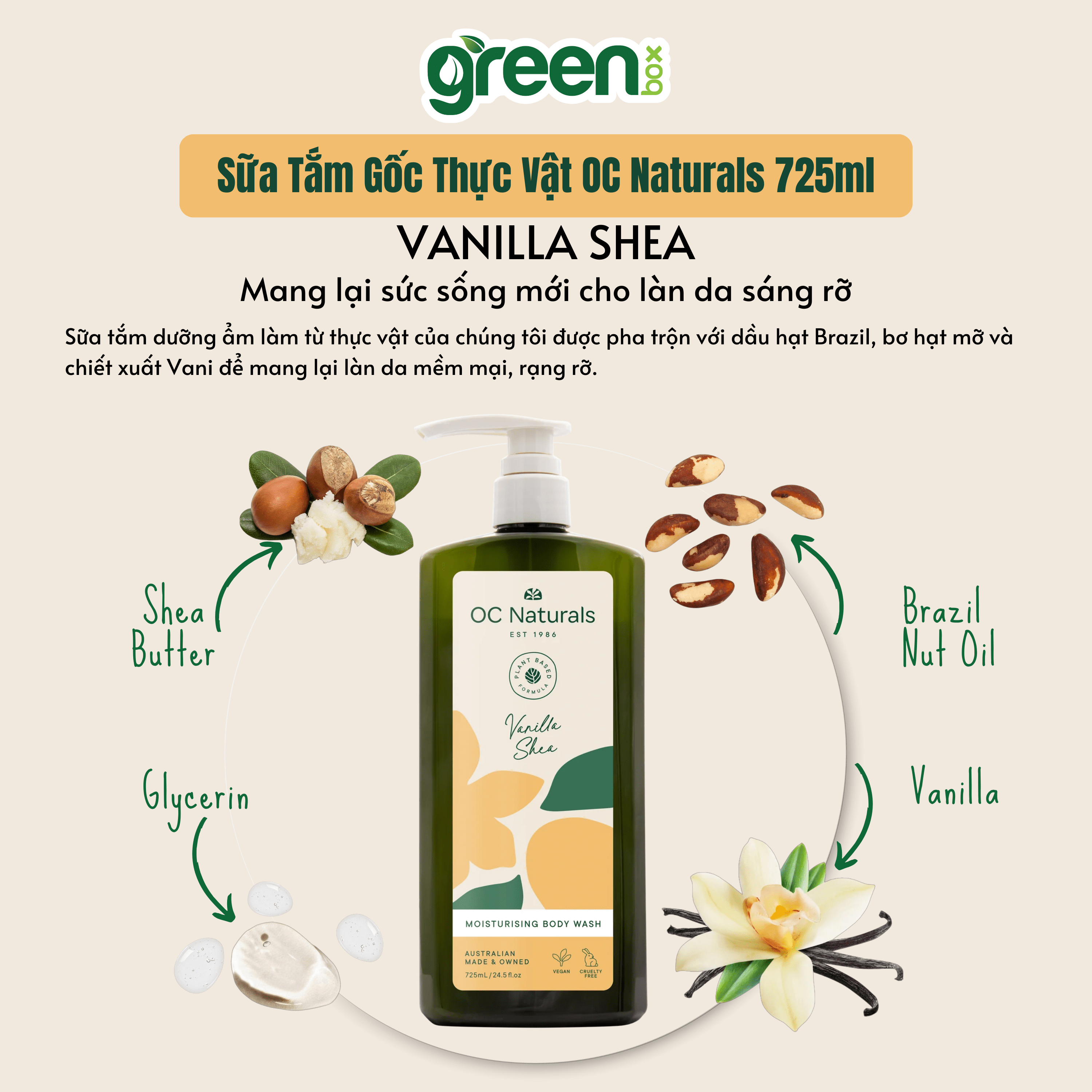 Sữa tắm dưỡng ẩm da với chiết xuất Vanilla và Bơ hạt mỡ OC Naturals 725ml