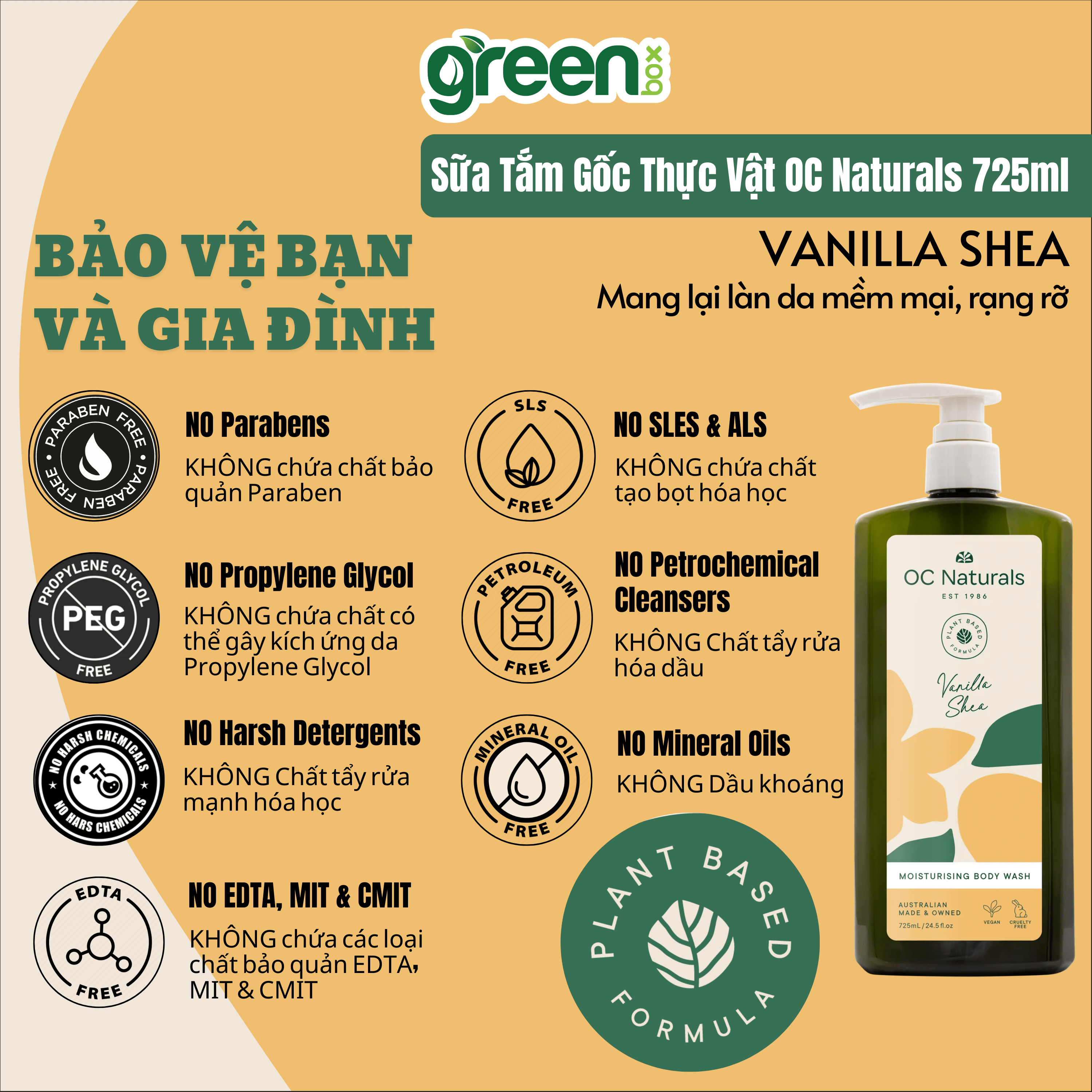 Sữa tắm dưỡng ẩm da với chiết xuất Vanilla và Bơ hạt mỡ OC Naturals 725ml