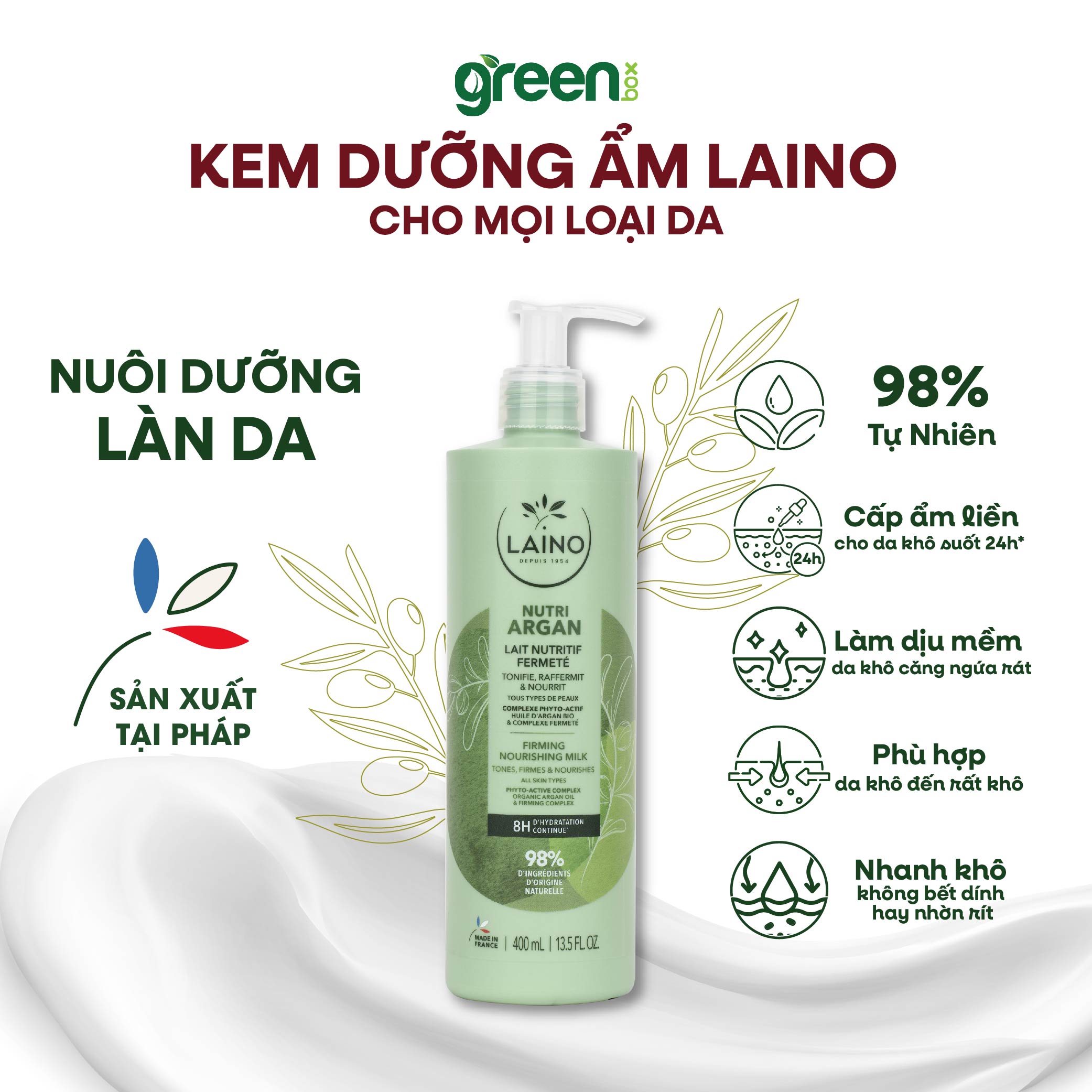 Sữa dưỡng thể LAINO Pháp cho mọi loại da dưỡng da săn chắc cấp ẩm 8h 99% tự nhiên với dầu argan và hợp chất làm săn chắc da, chai 400ml