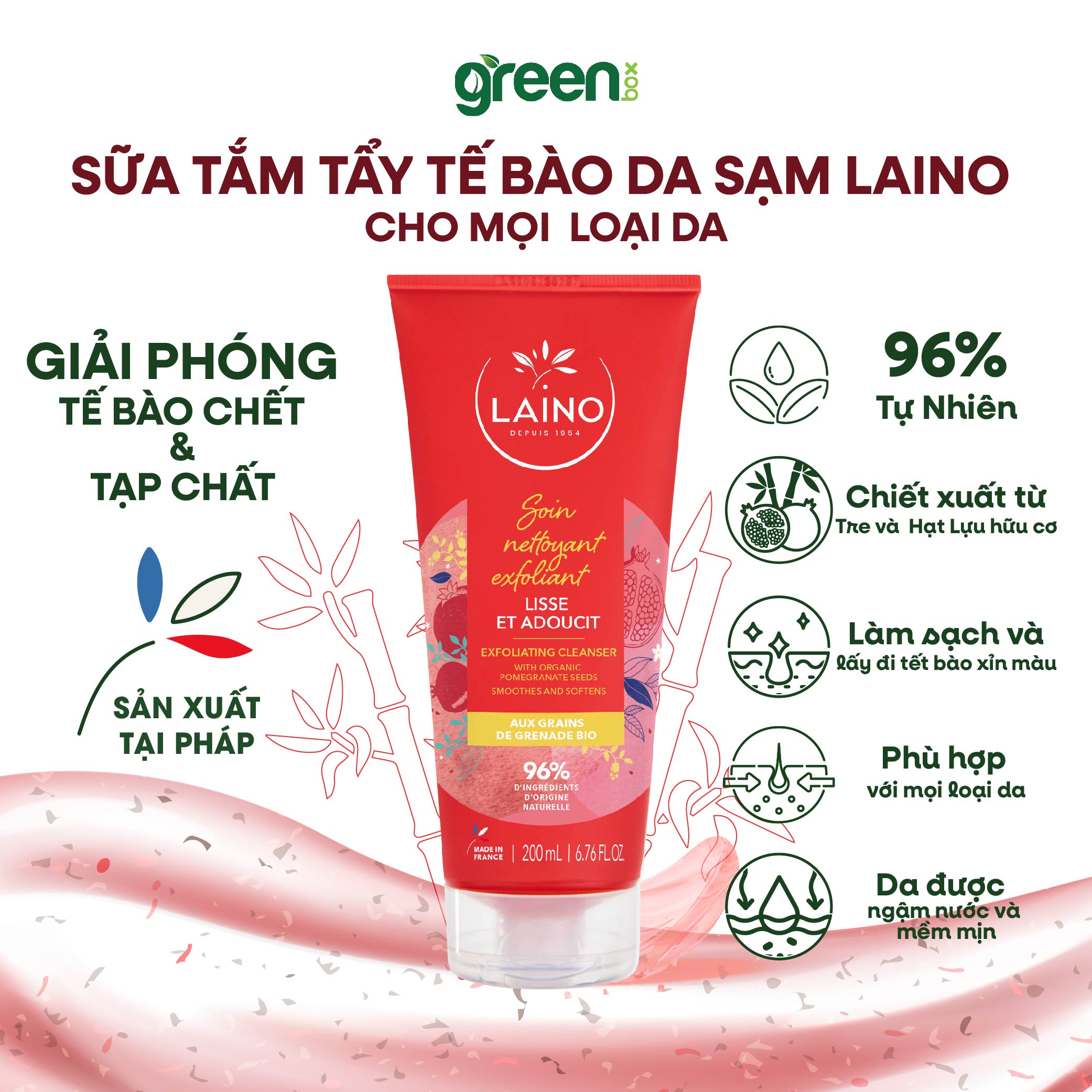 Sữa tắm Laino Pháp 96% tự nhiên chứa hạt lựu hữu cơ xay để tẩy tế bào da sạm làm sạch tạp chất bã nhờn, tuýp 200ml