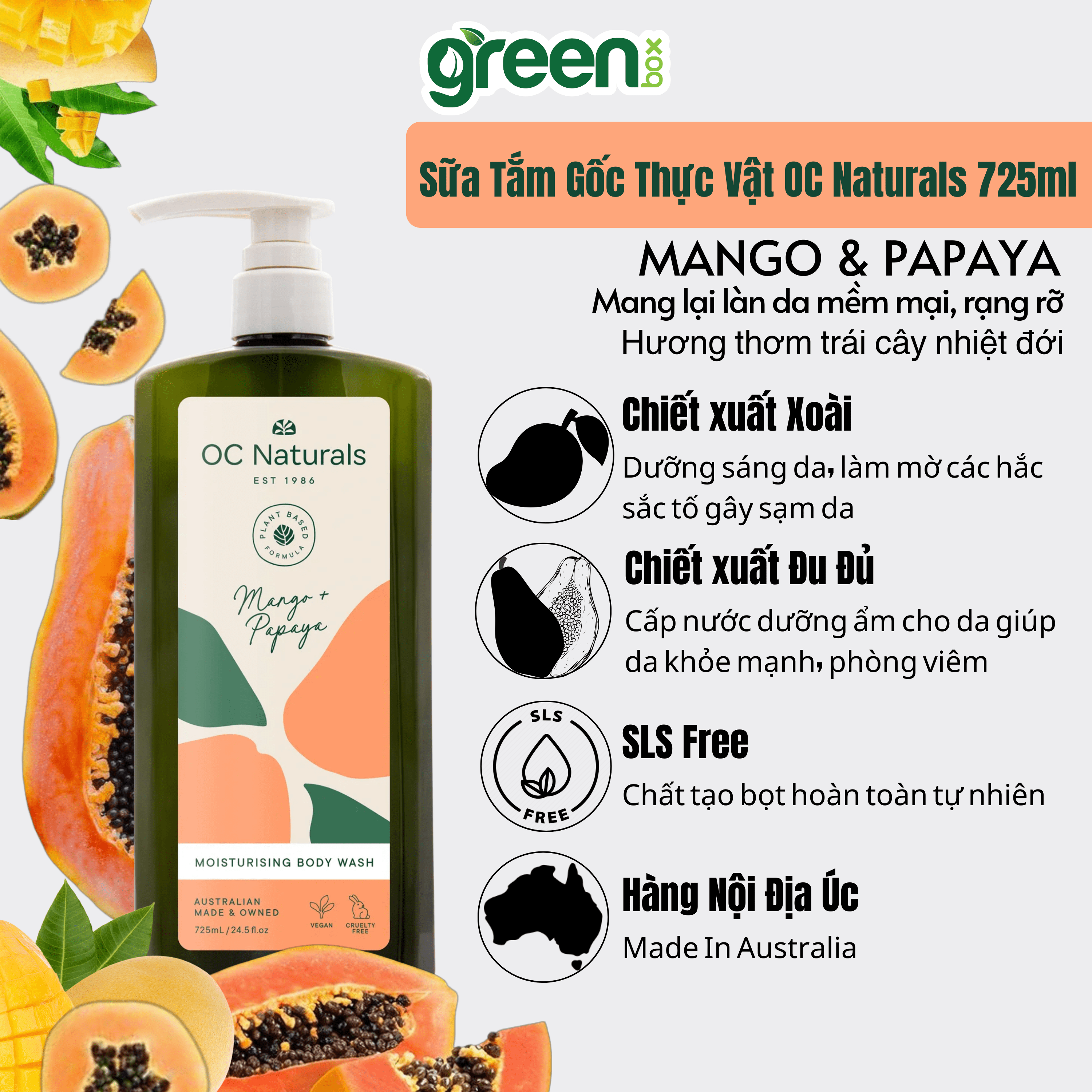 Sữa tắm dưỡng ẩm da với chiết xuất Xoài và Đu đủ OC Naturals 725ml