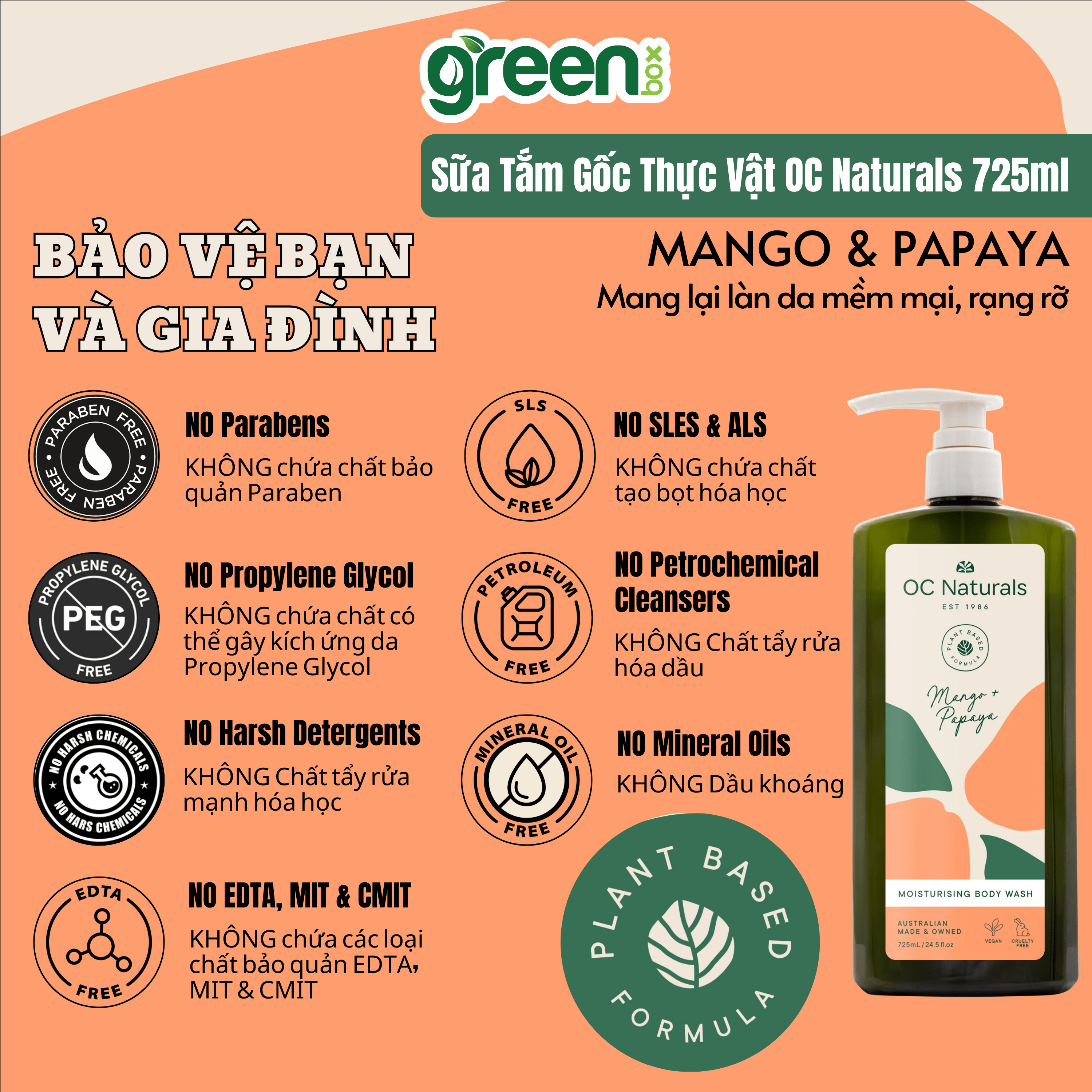 Sữa tắm dưỡng ẩm da với chiết xuất Xoài và Đu đủ OC Naturals 725ml
