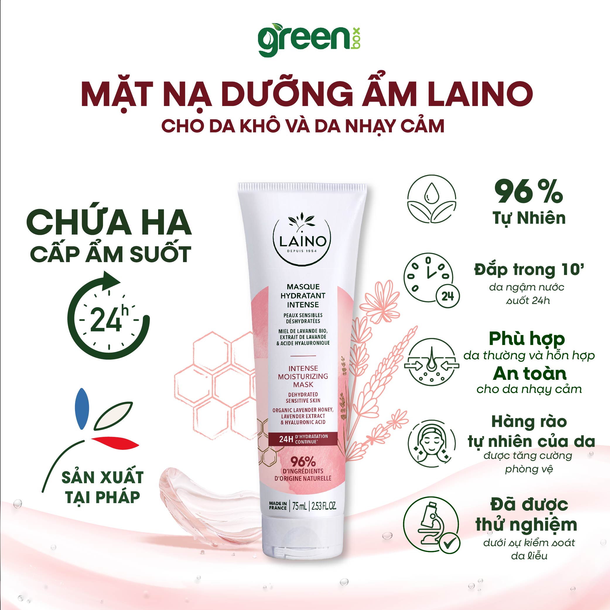 Mặt nạ dưỡng ẩm chuyên sâu LAINO Pháp cấp ẩm 24h không gây mụn cho da khô nhạy cảm 96% tự nhiên chứa HA và glycerin, hộp/tuýp 75ml