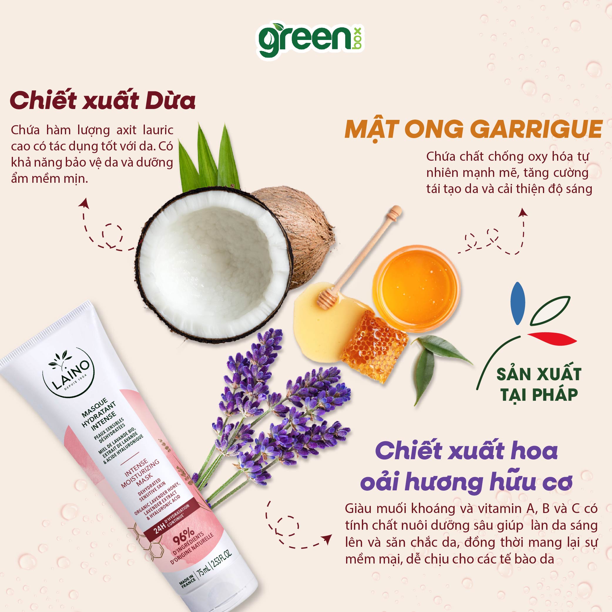 Mặt nạ dưỡng ẩm chuyên sâu LAINO Pháp cấp ẩm 24h không gây mụn cho da khô nhạy cảm 96% tự nhiên chứa HA và glycerin, hộp/tuýp 75ml