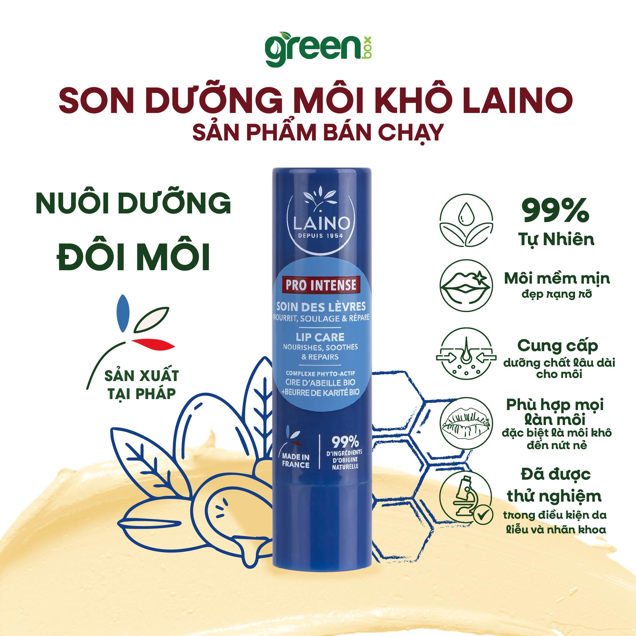 Son dưỡng LAINO Pháp cấp ẩm chuyên sâu cho môi khô Pro Intense 99% tự nhiên chứa sáp ong và bơ hạt mỡ, Thỏi 4g