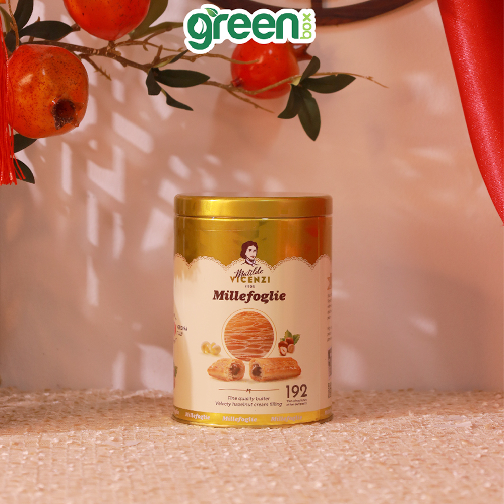 Hộp Bánh Thiếc Tết Cao Cấp Ý Ngàn Lớp Nhân Kem Hạt Phỉ Vicenzi Millefoglie 150G