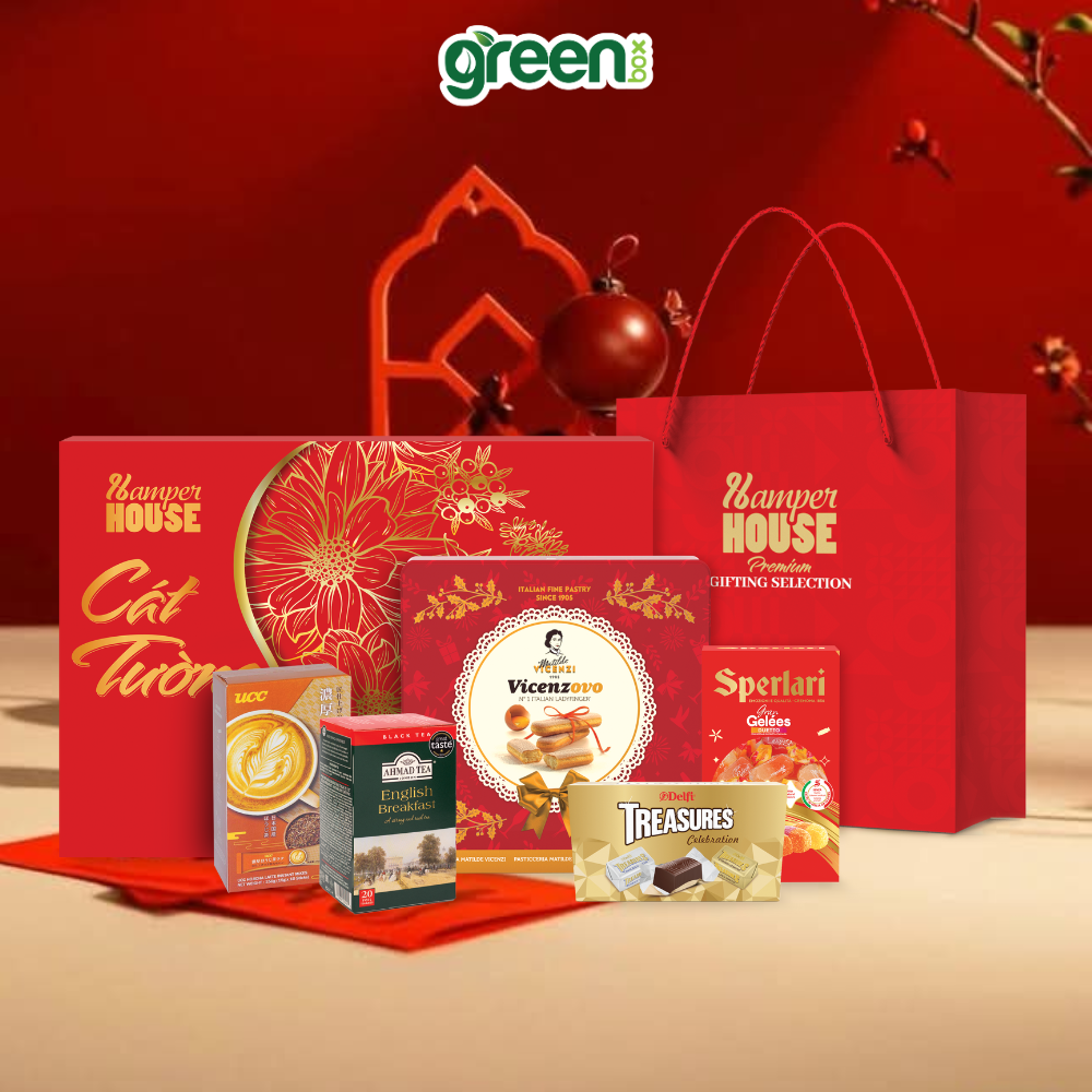 Hộp Quà Tết Cát Tường Hamper House 5 Loại Quà Cao Cấp Nhập Khẩu (Có Túi Xách)