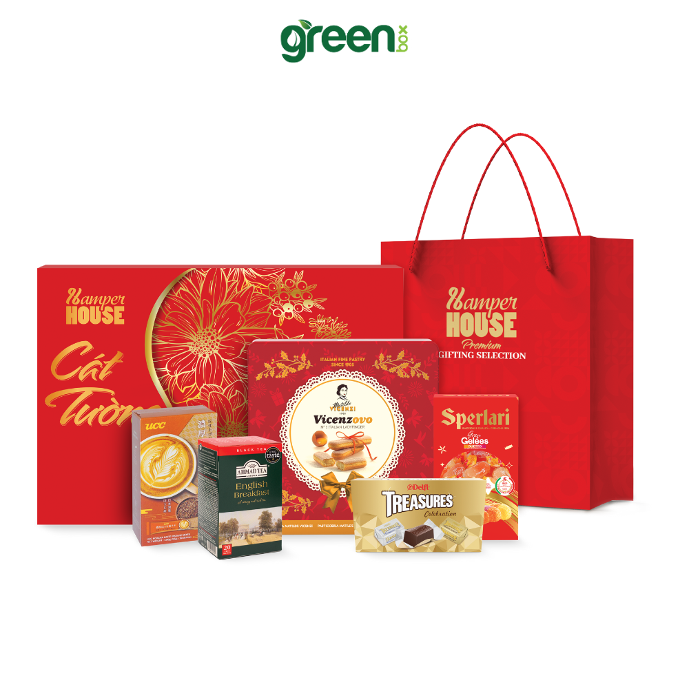 Hộp Quà Tết Cát Tường Hamper House 5 Loại Quà Cao Cấp Nhập Khẩu (Có Túi Xách)