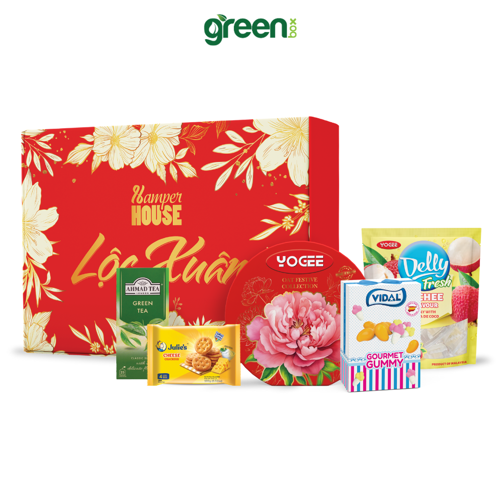 Hộp Quà Tết Lộc Xuân Hamper House 5 Loại Quà Cao Cấp Nhập Khẩu Có Quai Xách