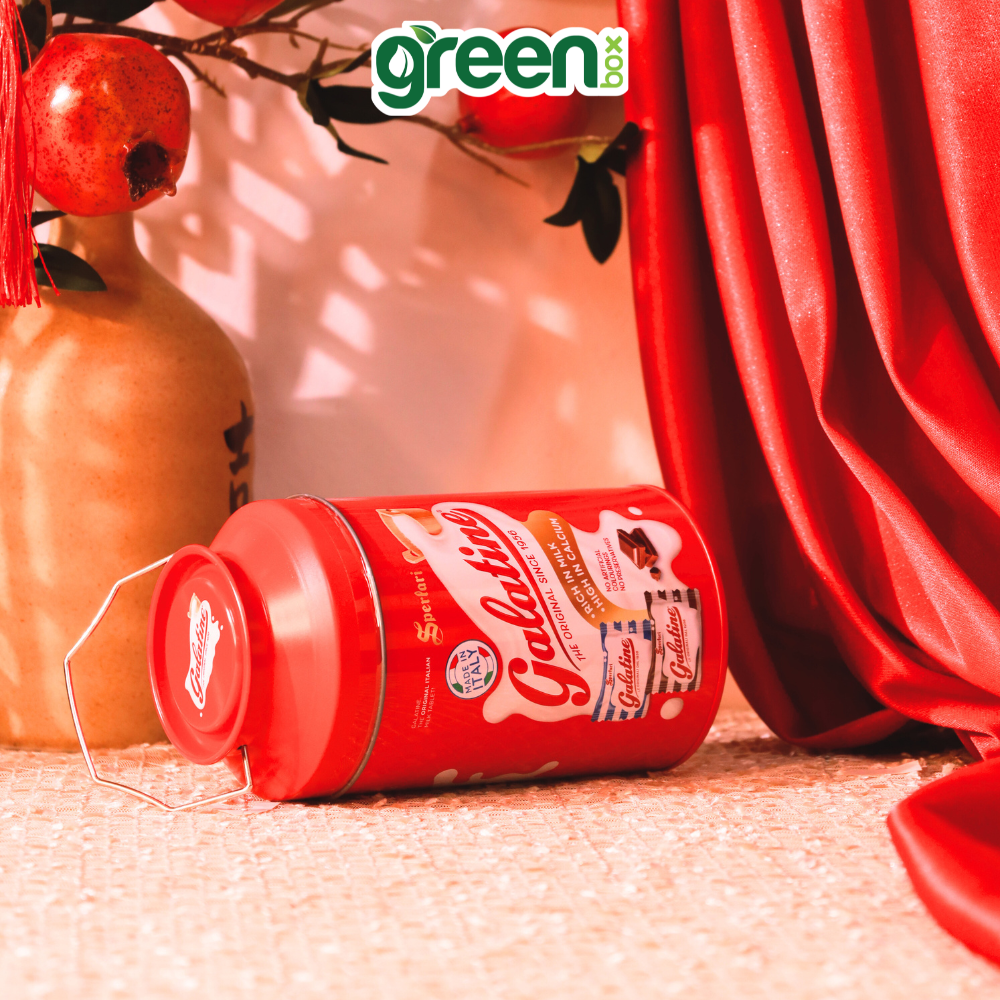 Hộp Thiếc Tết Xô Kẹo Sữa Và Sô Cô La Galatine 150G Đỏ, Xuất Xứ Ý