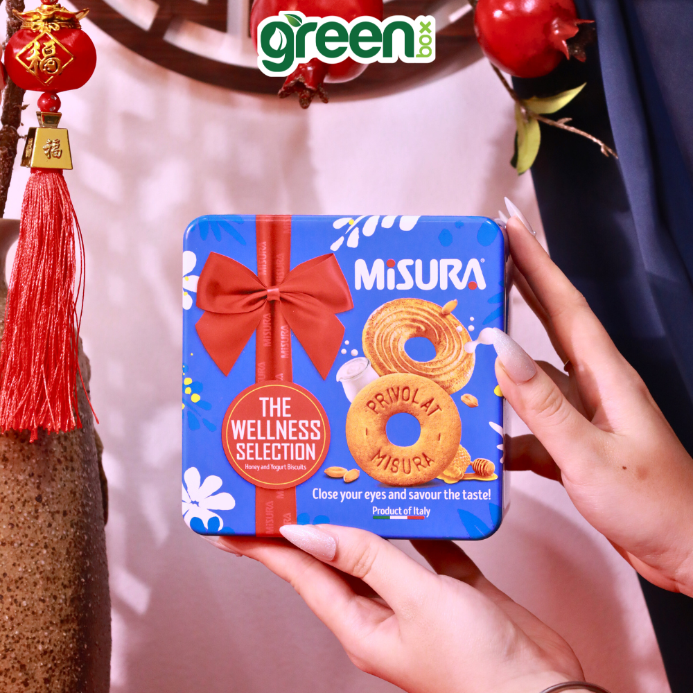 Hộp Bánh Thiếc Tết Bánh Qui Mật Ong Và Sữa Chua Misura 199.8G Xanh dương, Xuất Xứ Ý