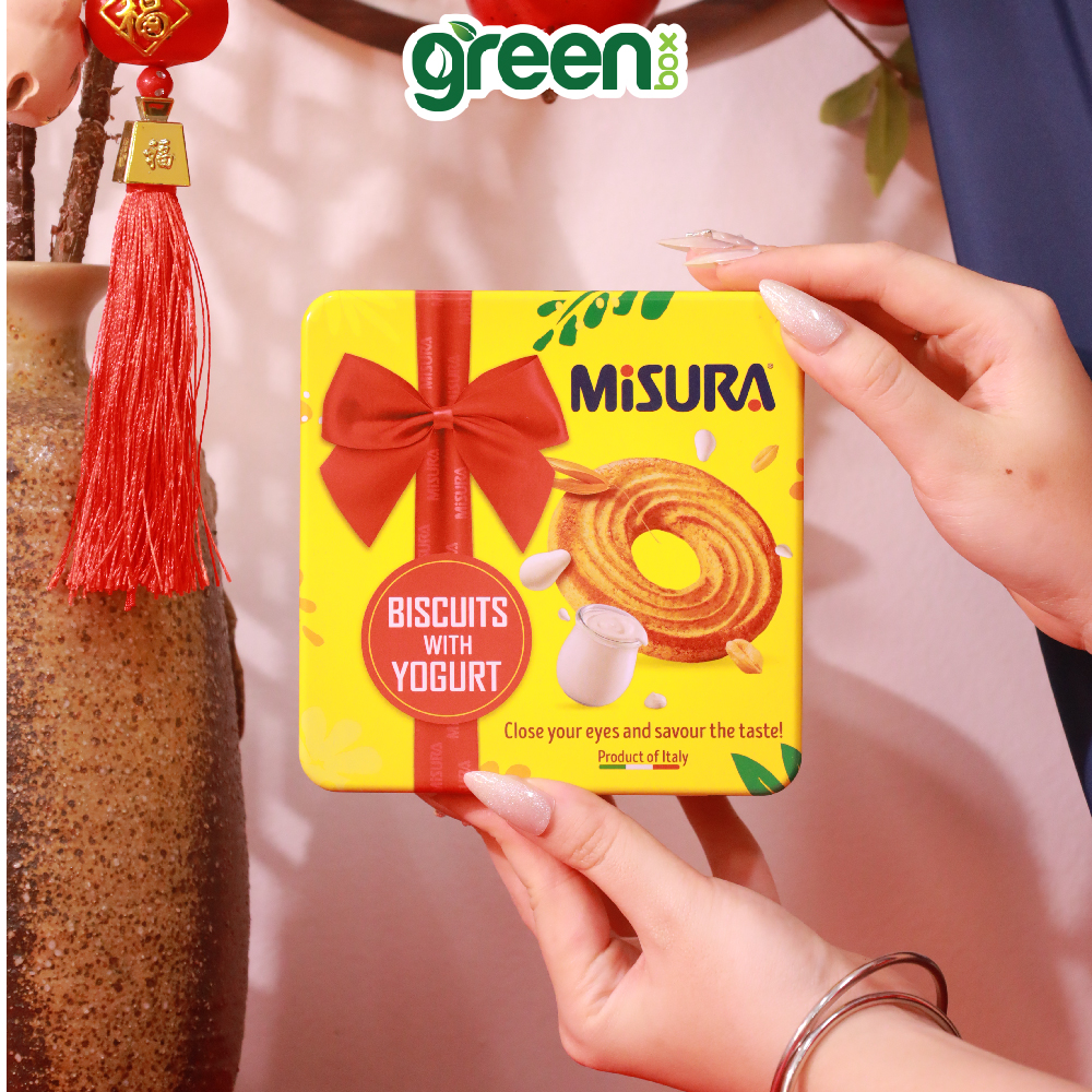 Hộp Bánh Thiếc Tết Bánh Qui Sữa Chua Misura 199.8G Vàng, Xuất Xứ Ý