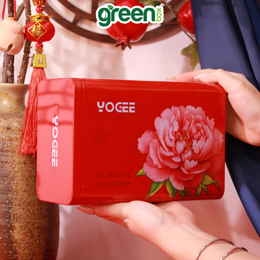 Hộp Bánh Thiếc Tết YOGEE Yến Mạch Oat Festive Collection Đỏ, Trắng, Vàng 210G