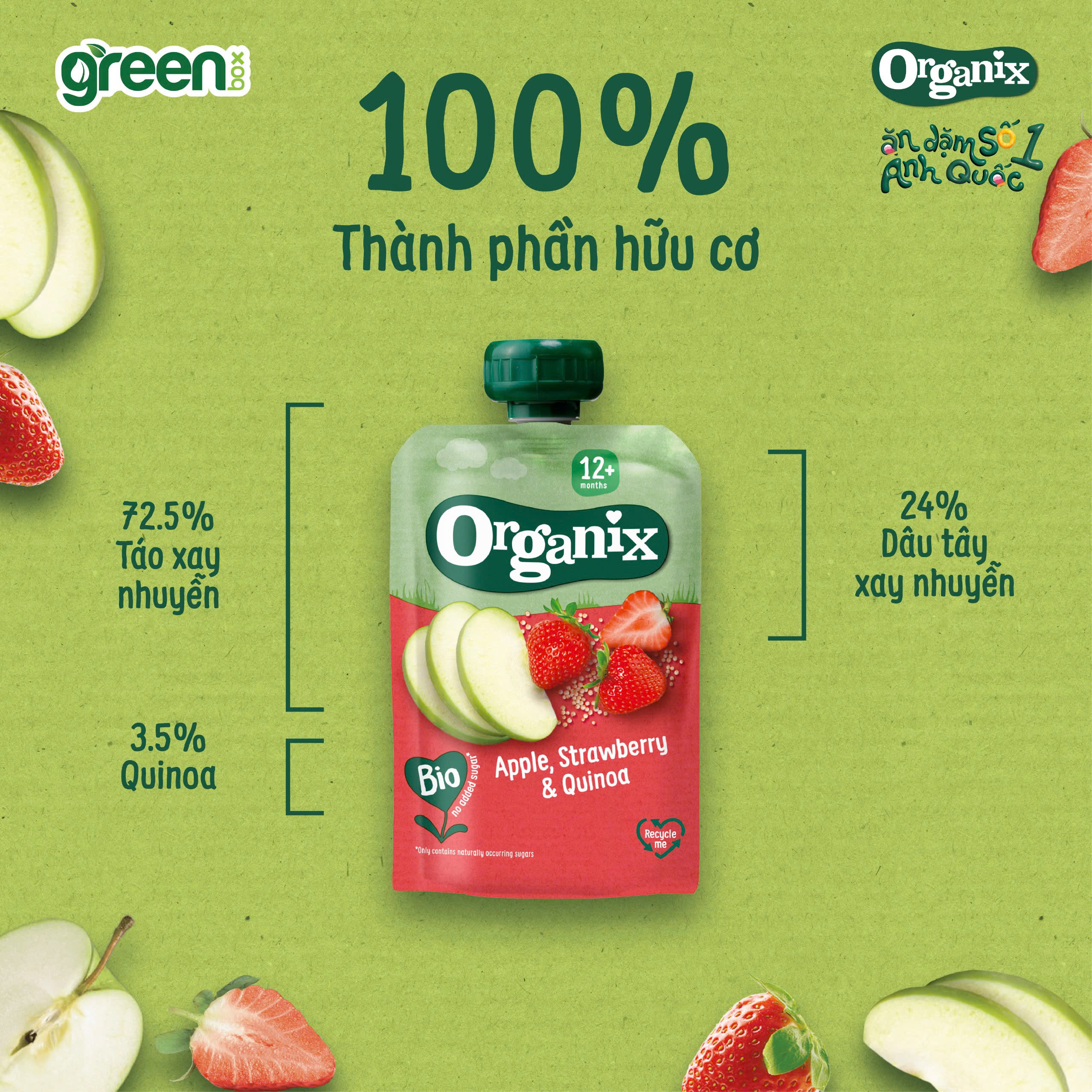 Trái cây nghiền hữu cơ Organix táo dâu tây diêm mạch cho bé ăn dặm từ 12 tháng tuổi 100g