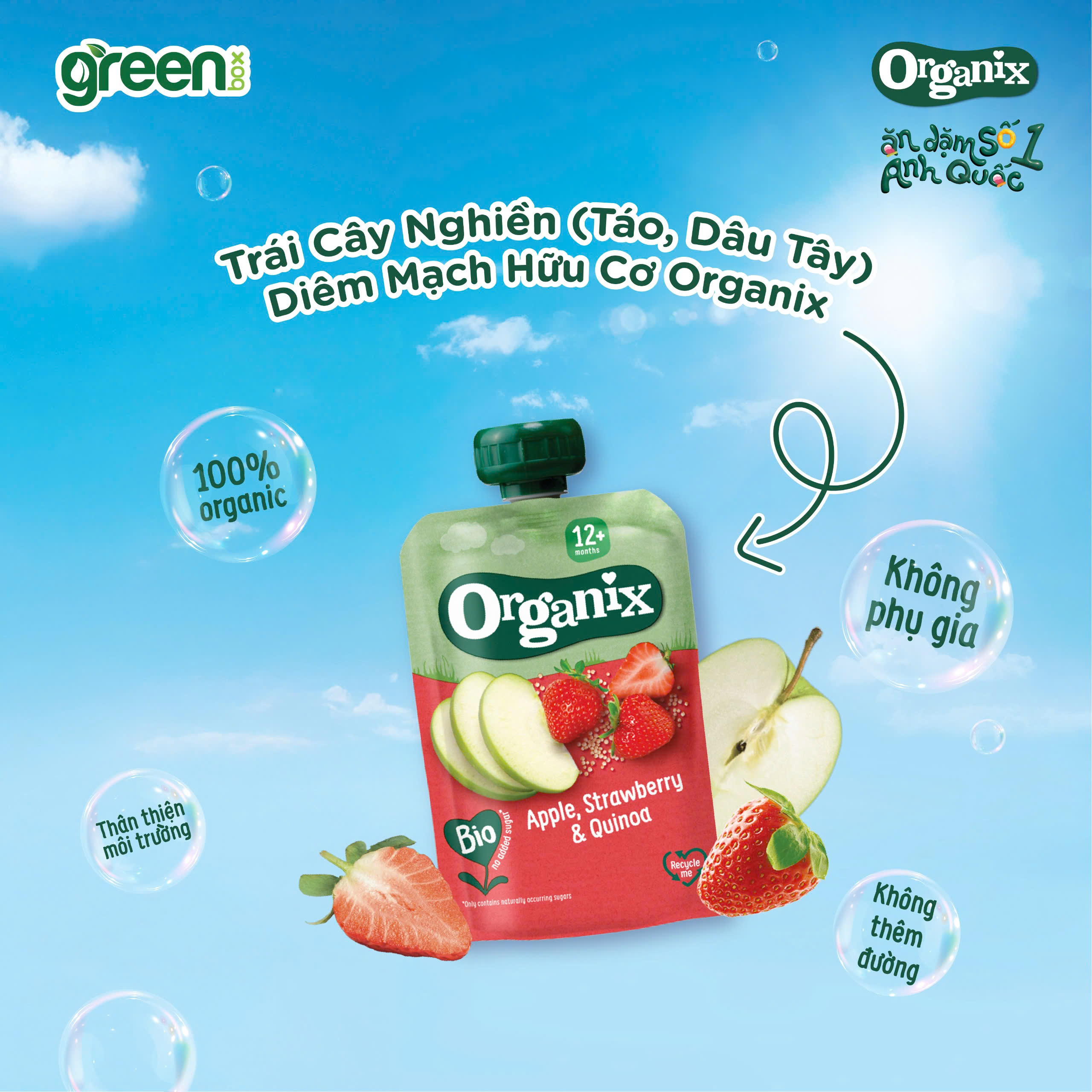 Trái cây nghiền hữu cơ Organix táo dâu tây diêm mạch cho bé ăn dặm từ 12 tháng tuổi 100g