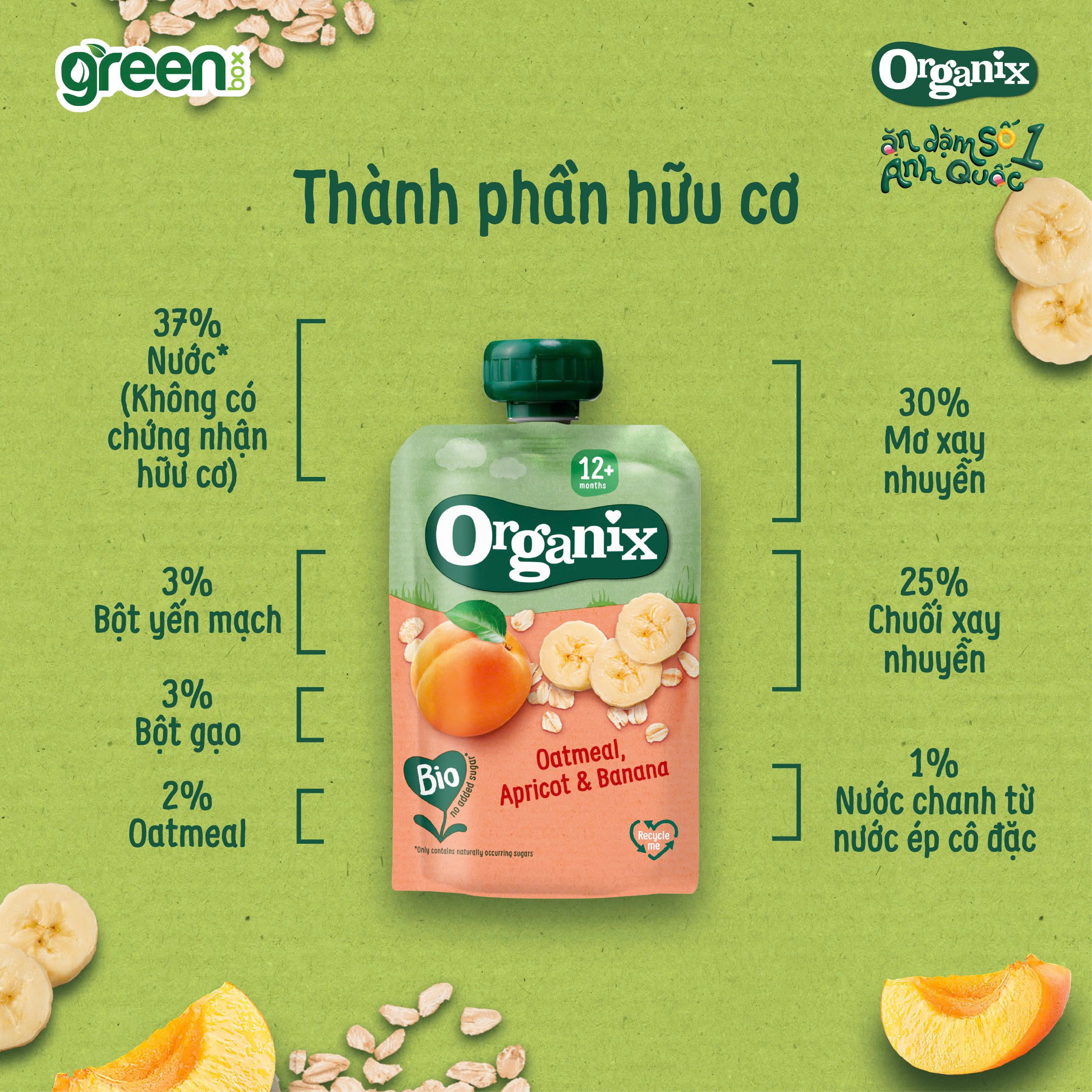 Trái cây nghiền hữu cơ Organix mơ chuối yến mạch cho bé ăn dặm 100g