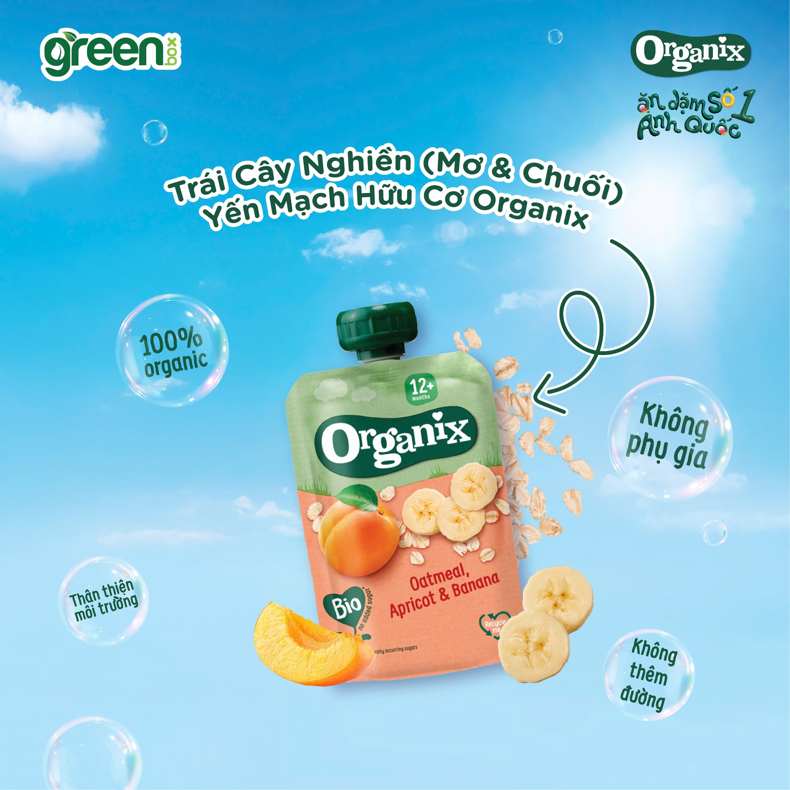 Trái cây nghiền hữu cơ Organix mơ chuối yến mạch cho bé ăn dặm 100g