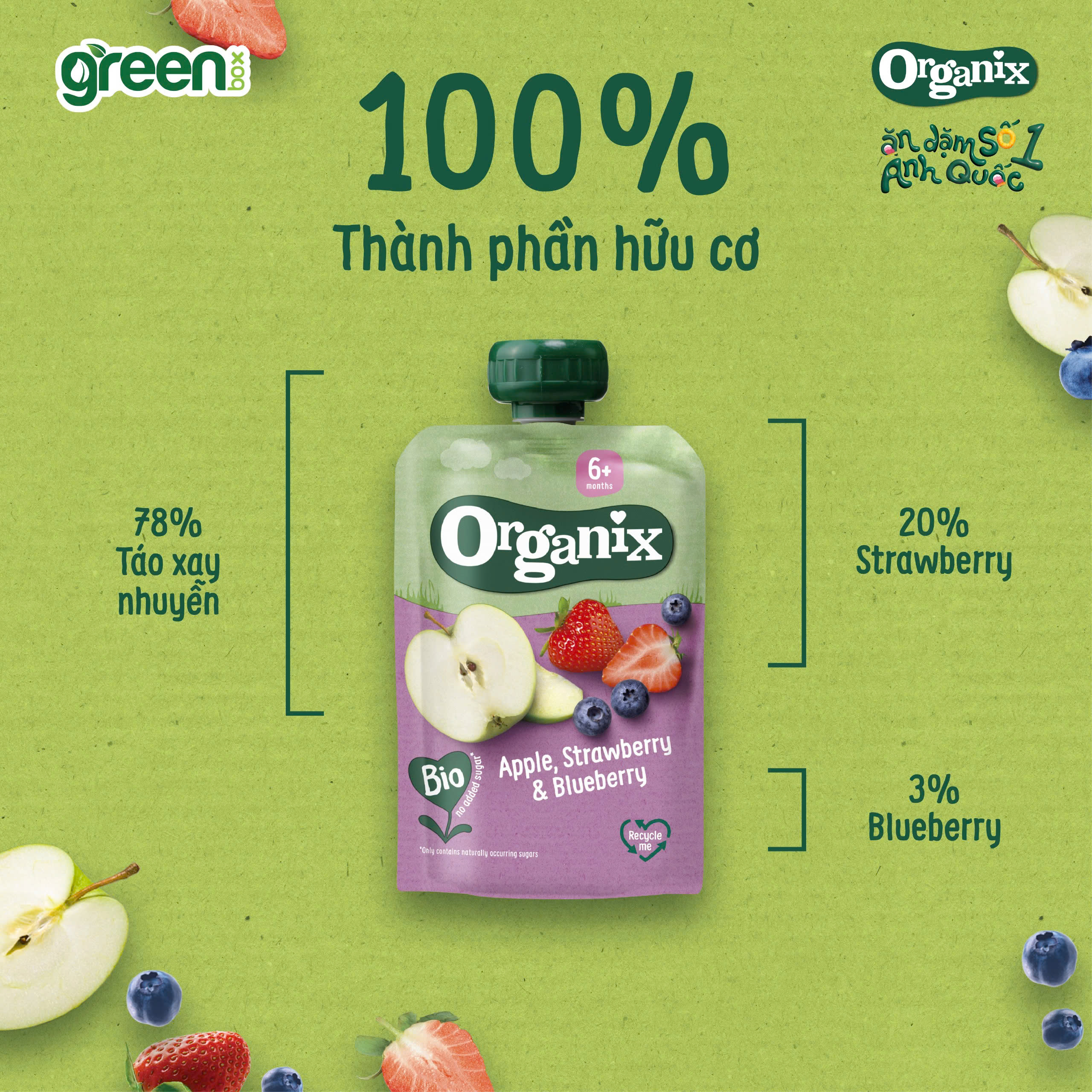 Trái cây nghiền hữu cơ Organix táo dâu tây việt quất cho bé ăn dặm 100g