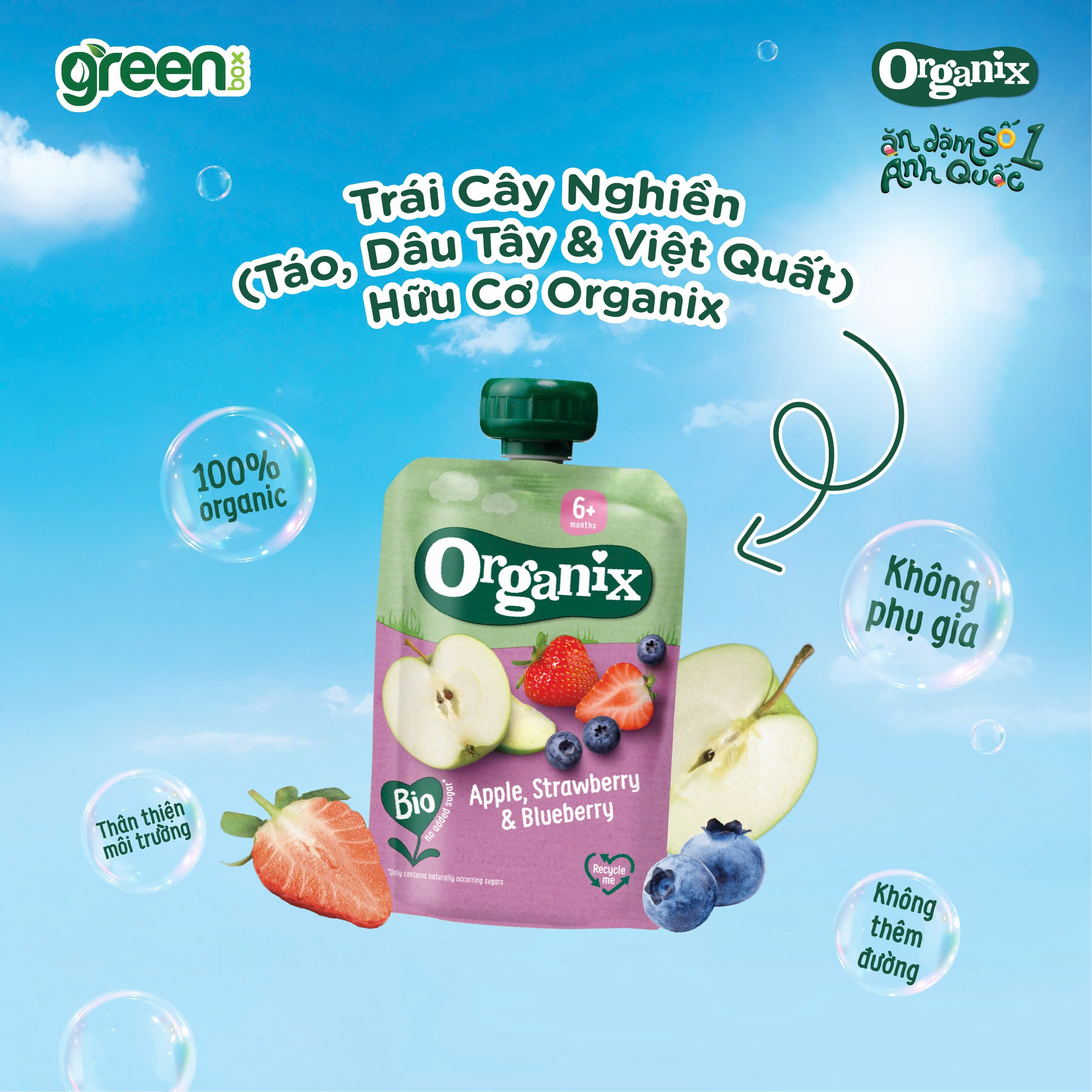 Trái cây nghiền hữu cơ Organix táo dâu tây việt quất cho bé ăn dặm 100g